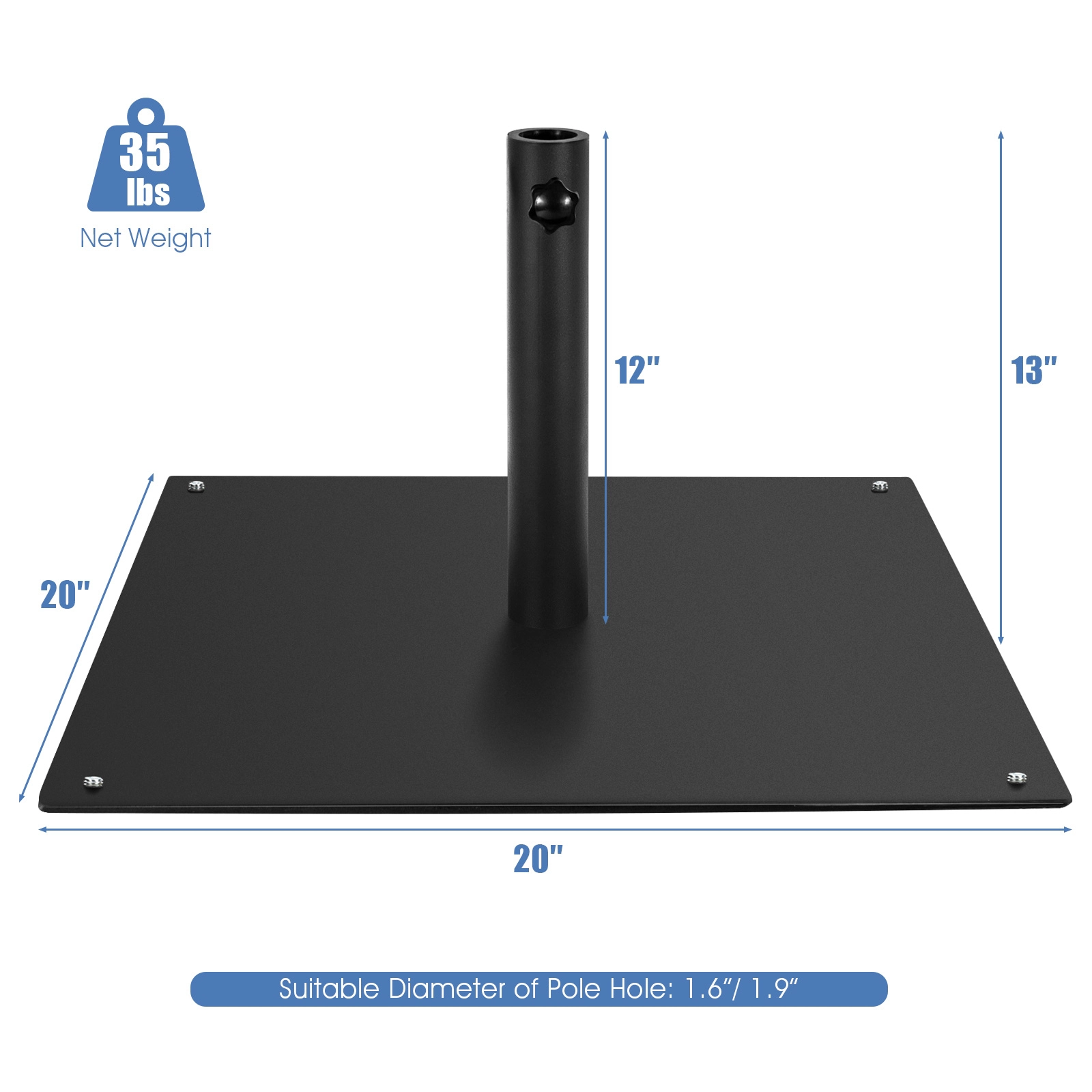 SUGIFT 20-in Square Patio Umbrella Base with 4 Adjustable Footpads for 1.6- and 1.9-in Poles Black