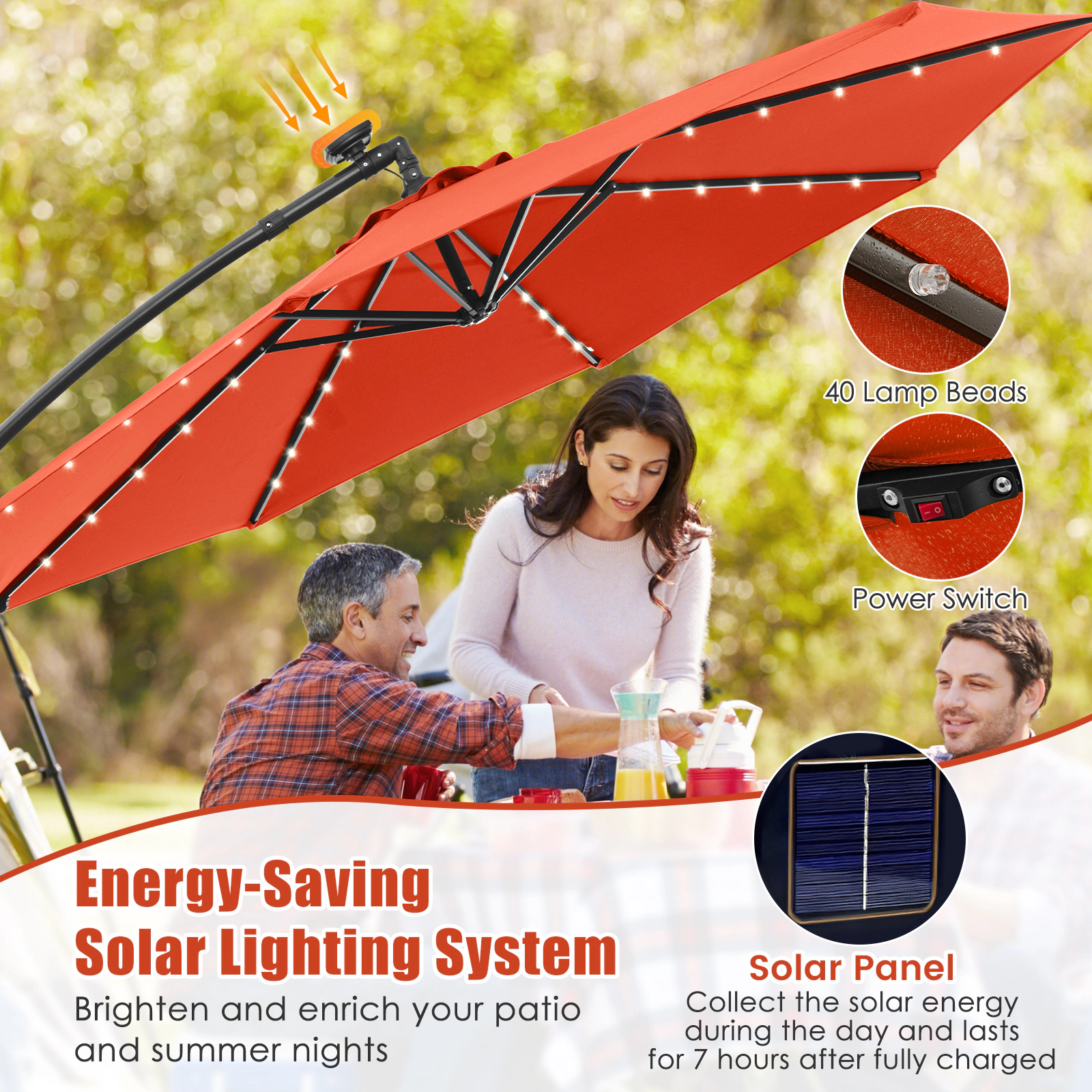 SUGIFT 10-ft Orange Solar LED Offset Patio Umbrella, 40 Lights, Manual Tilt, Crank Lift, Cross Base