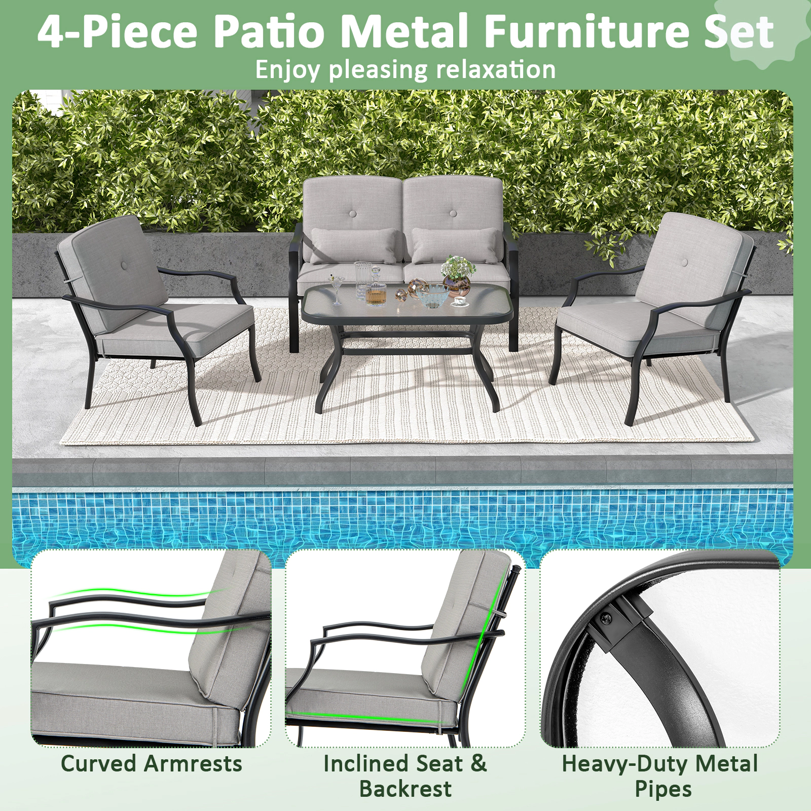 SUGIFT Gray Seat Cushions Waist Pillows and Glass Table 4-Piece Outdoor Conversation Set