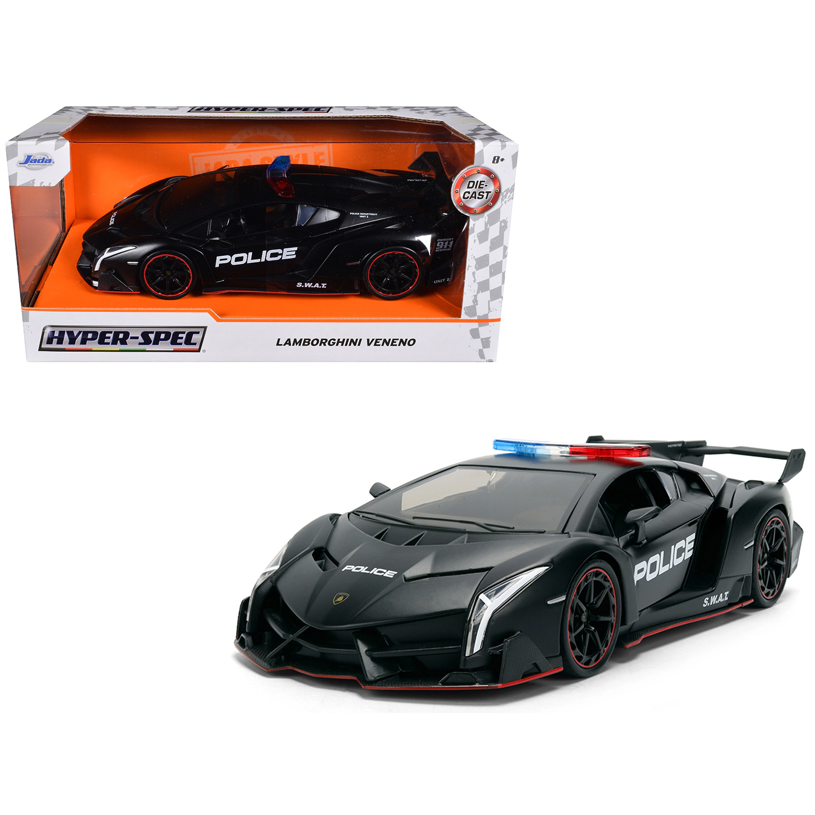 Jada Lamborghini Veneno "Police" Matt Black "Hyper-Spec" Series 1/24 Diecast Model Car by Jada