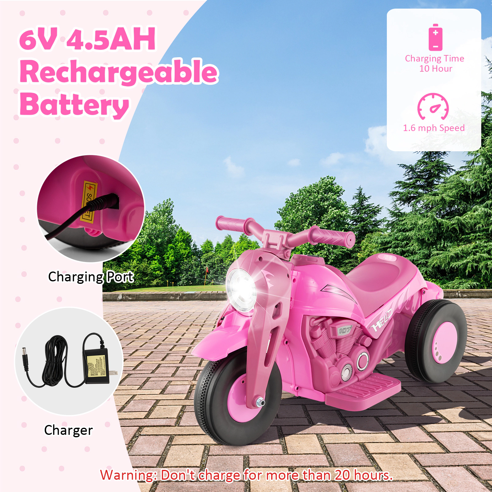 SUGIFT 6V Kids Electric Ride-On Motorcycle with Bubble Maker and Music 66-lb Capacity with LED Head Light Pink