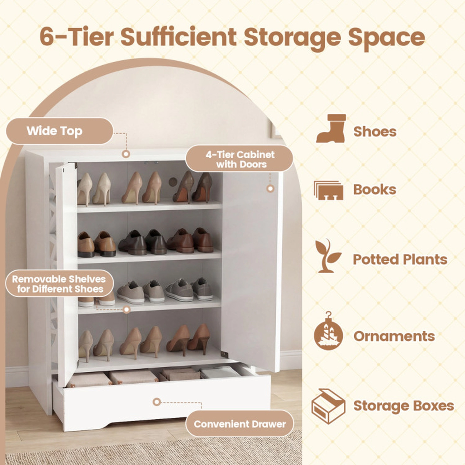 SUGIFT White Large Bottom Drawer and Anti-Tip Kits 4-Tier Mirrored Shoe Cabinet Shoe Organizer