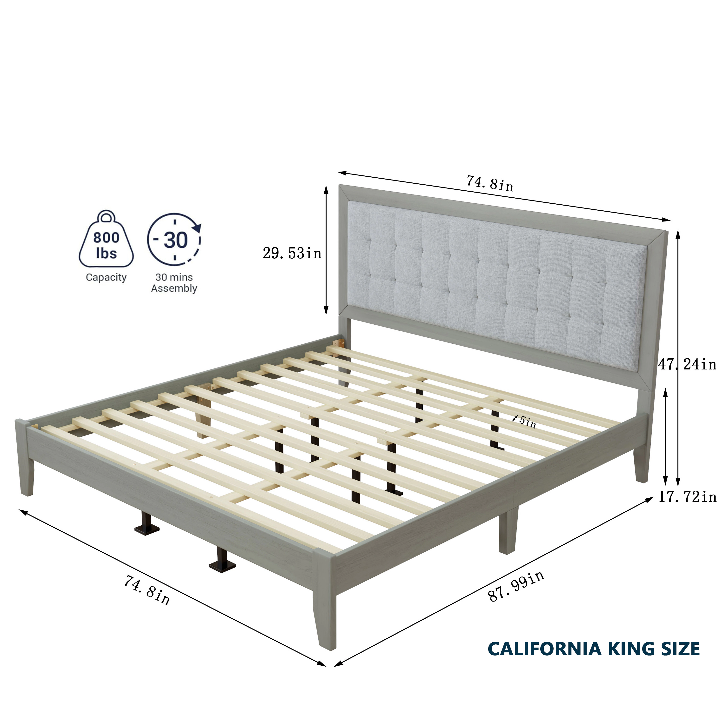 Flynama California King Solid Wood Platform Bed with Upholstered Headboard