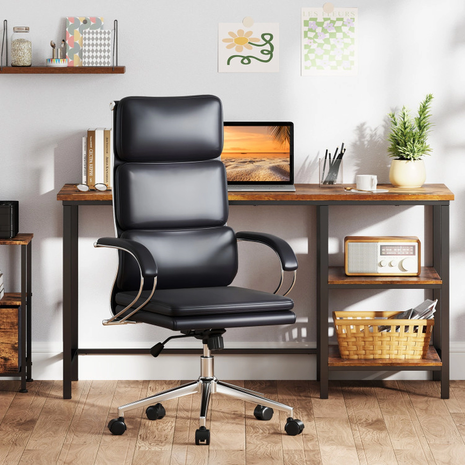 SUGIFT Ergonomic PVC Leather Office Chair with Adjustable Height and Rocking Function 330-lb Capacity 27.5-in Wide Black