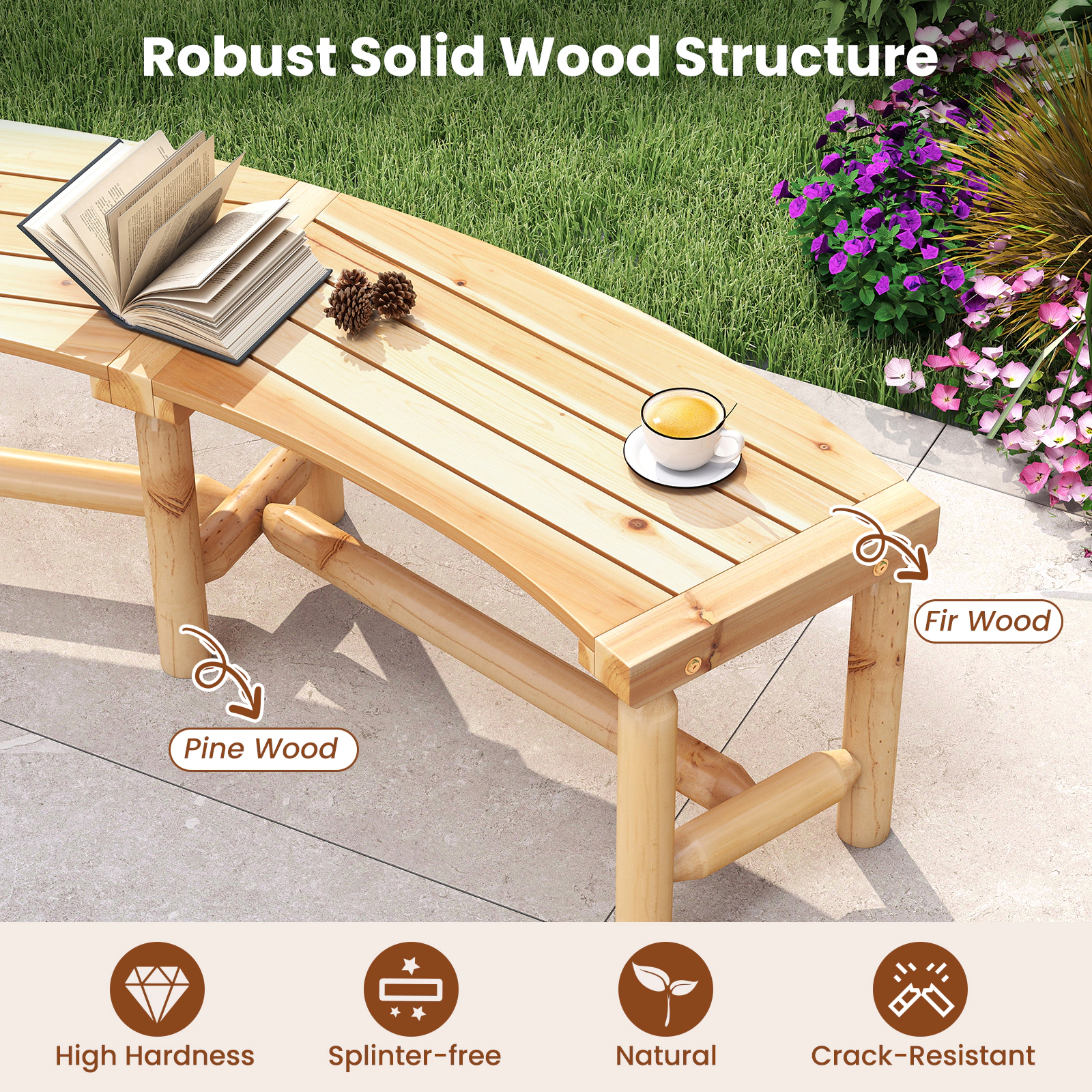 SUGIFT Curved Solid Wood Outdoor Fire Pit Bench 800-lb Capacity Backless Loveseat 67-in Wide Rustic Brown Natural