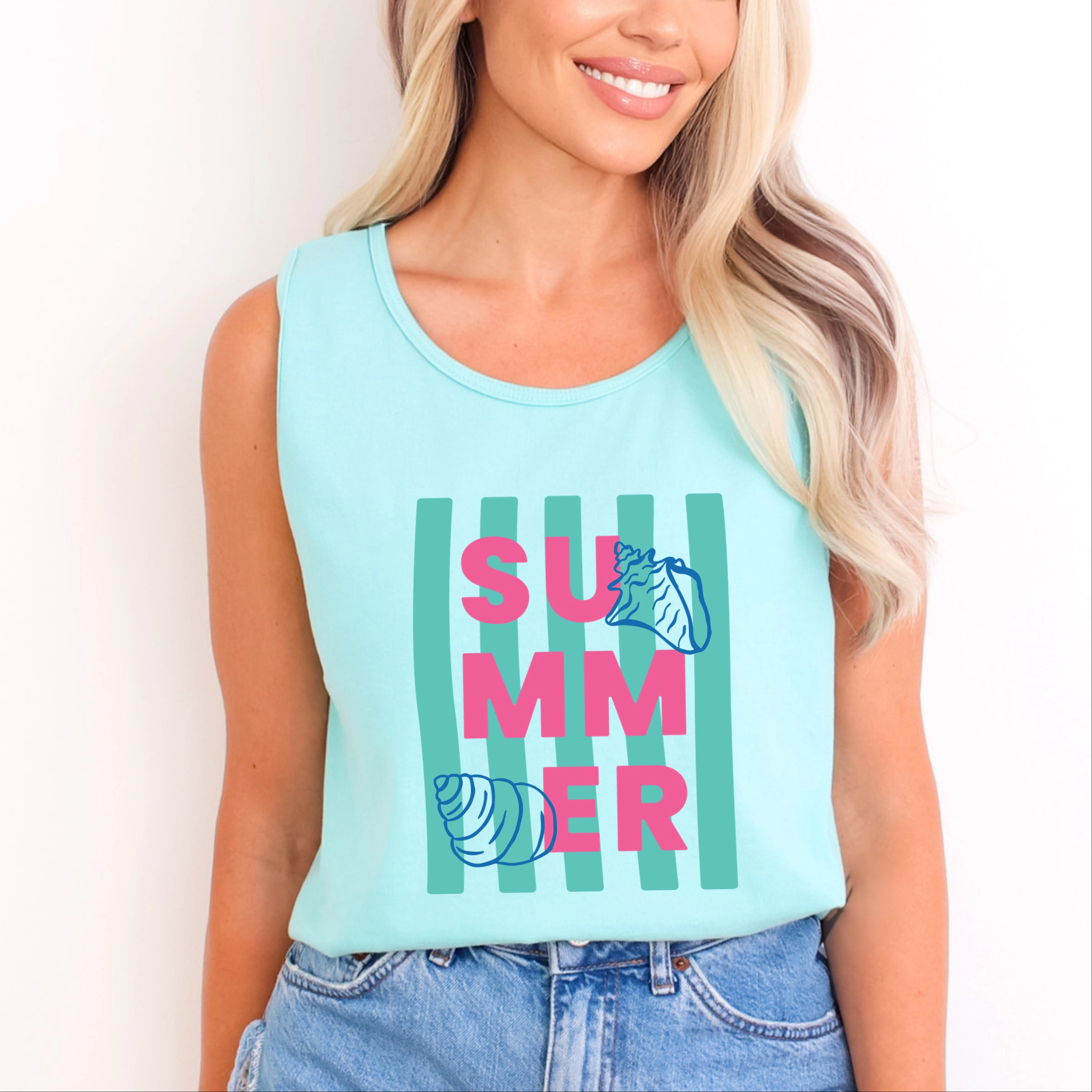 Simply Sage Market - Summer Stripes Seashells Women's Garment Dyed Graphic Tank Top