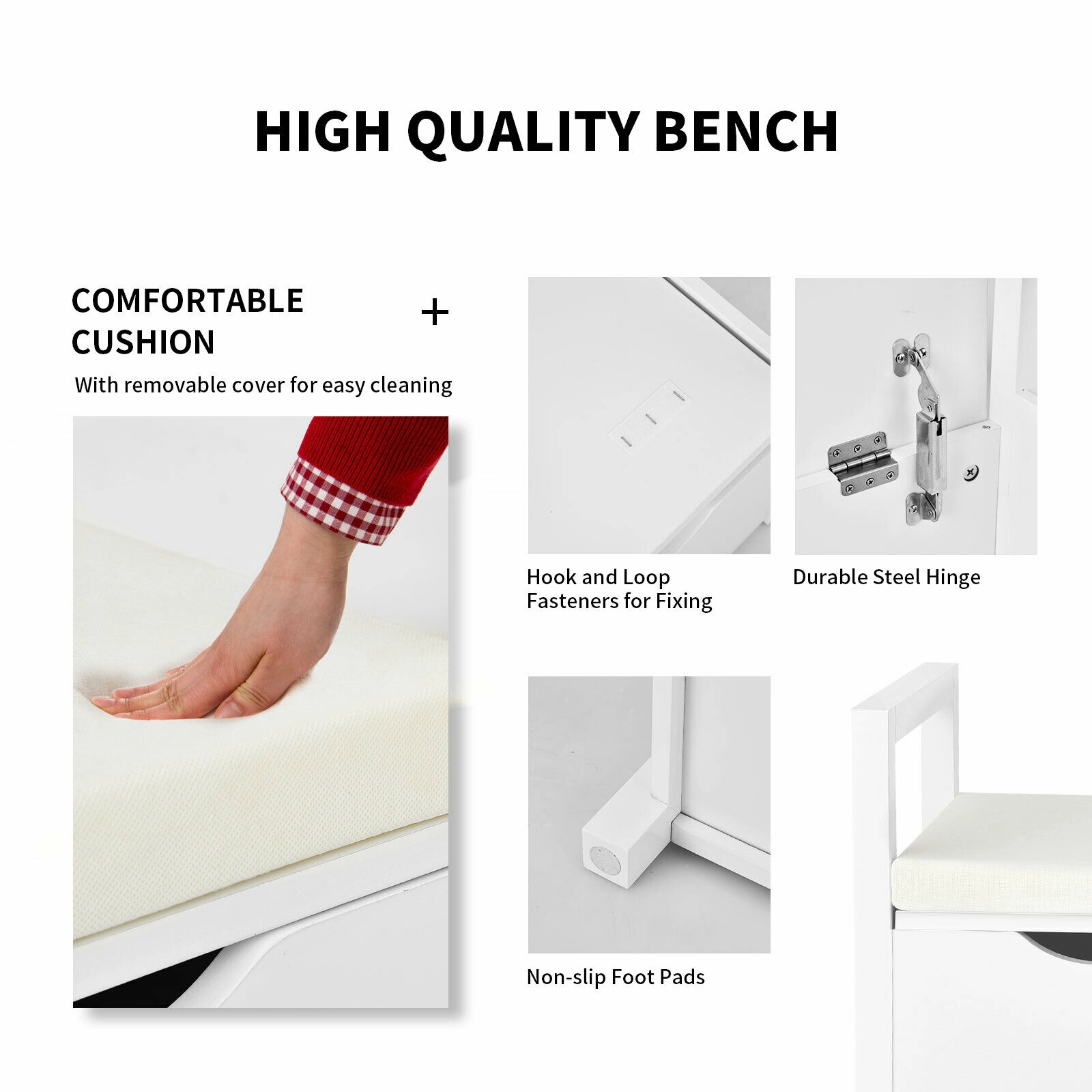 SUGIFT White Removable Cushion Seat and Hinged Lid 34.5 Inch Shoe Storage Bench