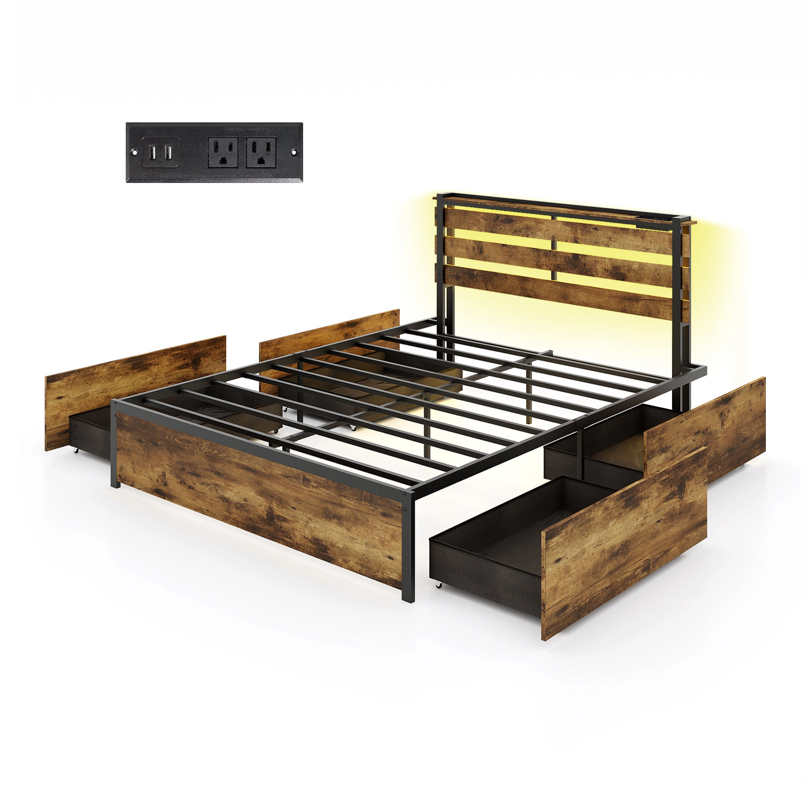 SUGIFT Queen Size 1000-lb Bed Capacity Bed Frame with 4 Drawers LED Lights and Charging Station Rustic Brown