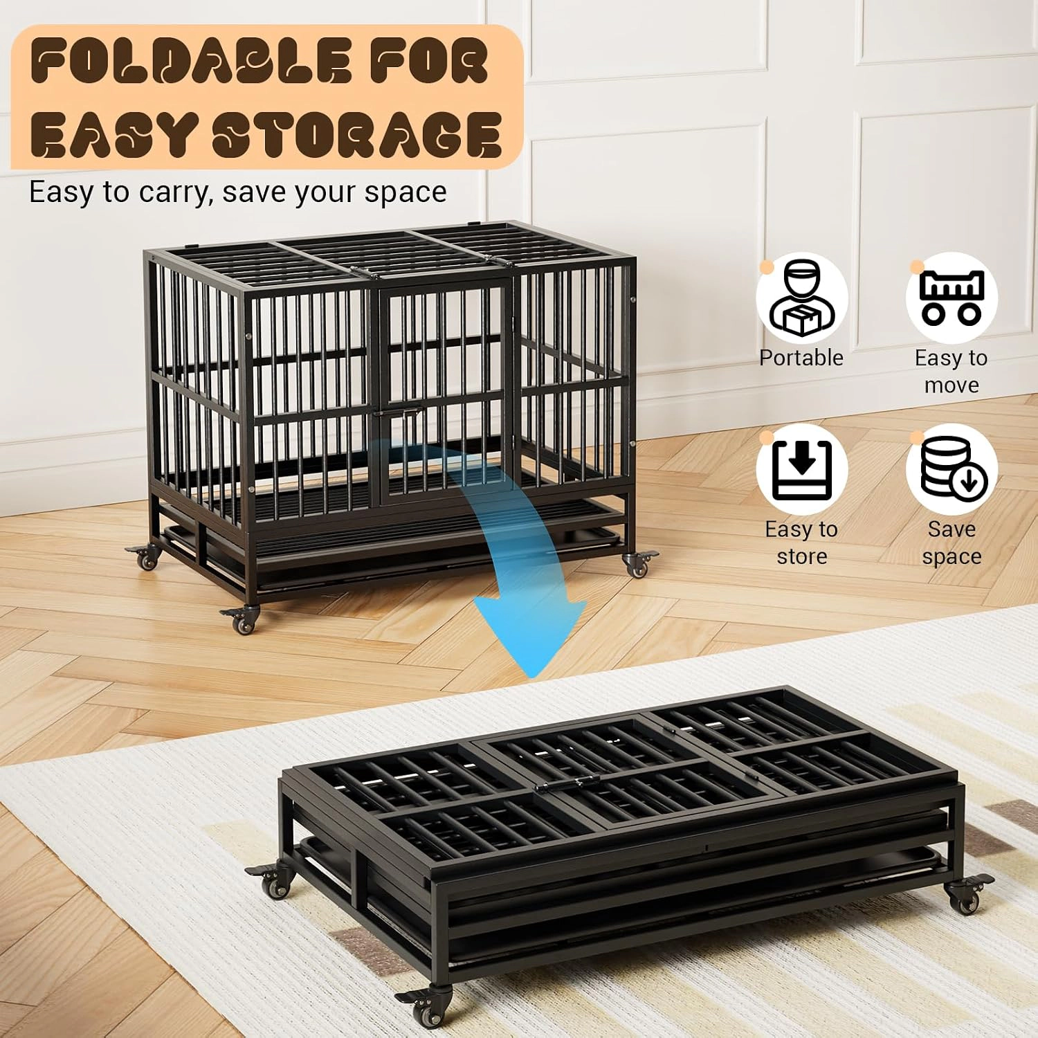 37 Inch Heavy-Duty Foldable Metal Dog Crate, Pet Kennel with Removable Waste Tray