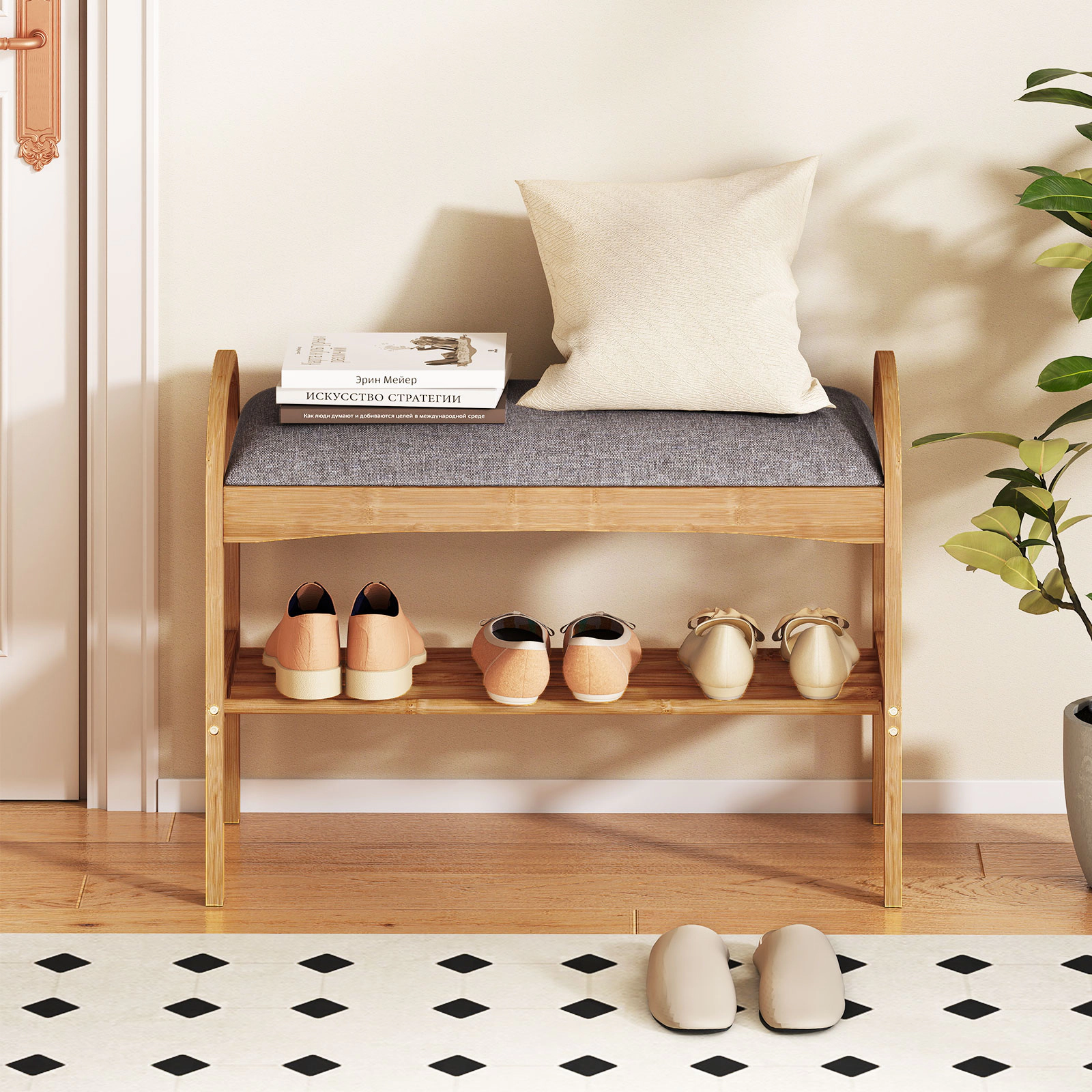 SUGIFT 2-Tier Natural 27.5-in Bamboo Shoe Bench with Padded Cushion for Entryway Hallway and Bedroom
