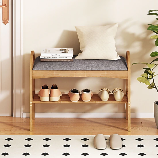 SUGIFT 2-Tier Natural 27.5-in Bamboo Shoe Bench with Padded Cushion for Entryway Hallway and Bedroom