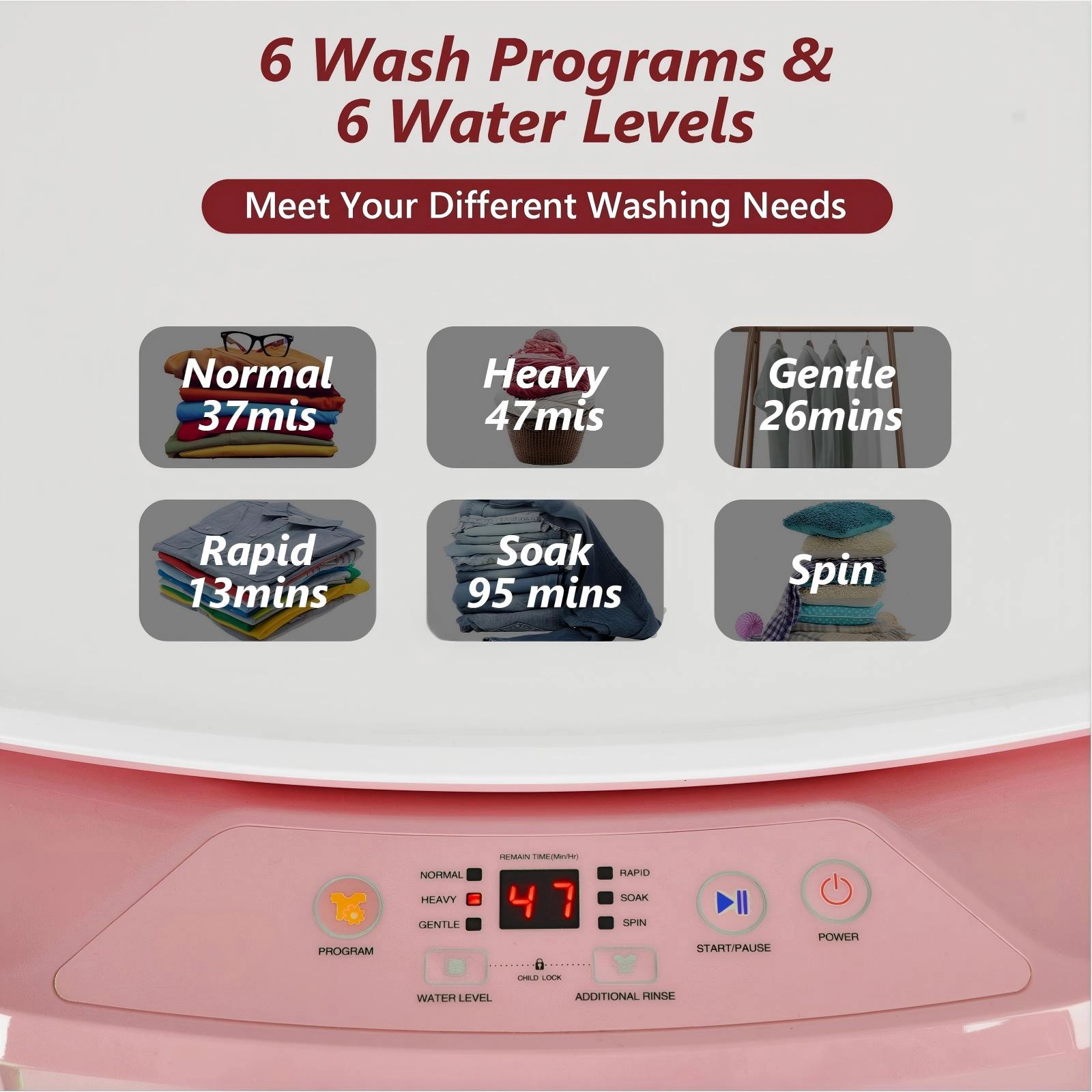 SUGIFT 8-lb Portable Fully Automatic Washing Machine with Drain Pump 1.0 cu.ft Tub 800RPM Compact 19.5-in Wide Pink
