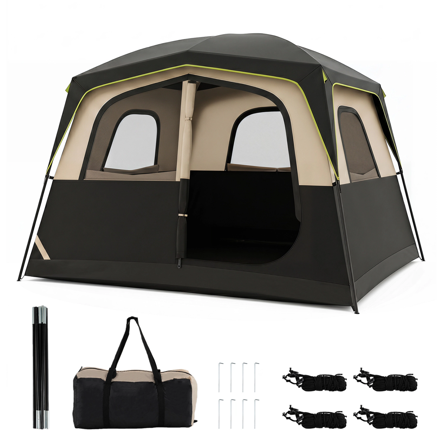 LJG 6-Person Camping Tent Easy Setup Family Cabin with Top Rainfly Mesh Windows