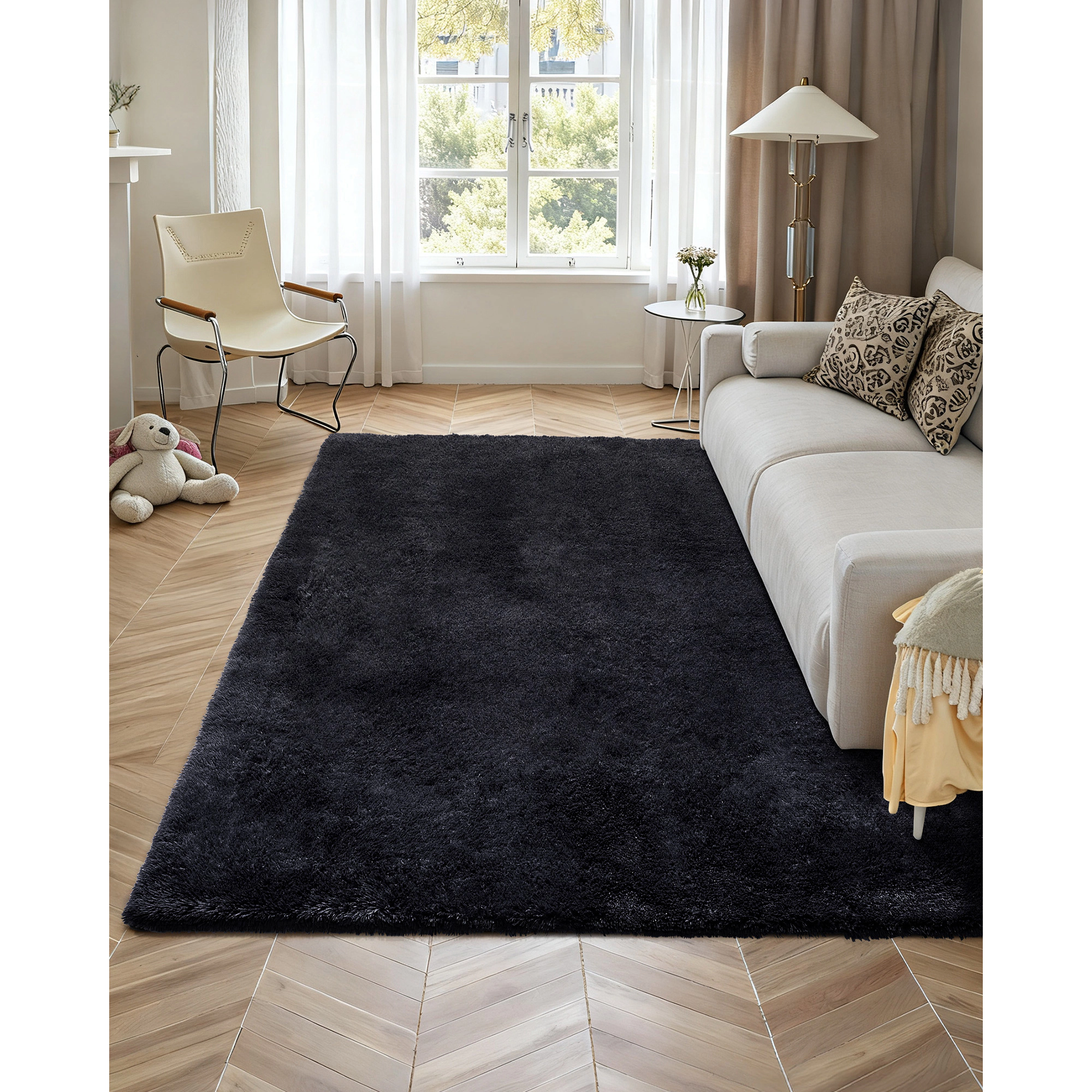 HONGGE 8 x 10 ft Plush Shag Area Rug, Fluffy Black Carpet with Non-Slip Backing for Living Room, Bedroom, Sunroom