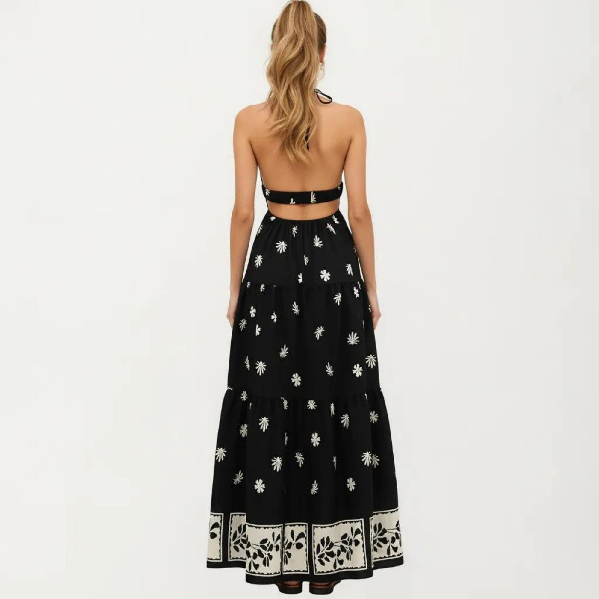 Anna-Kaci Women's Sleeveless Halter Neck Floral Print Keyhole Tiered Maxi Dress