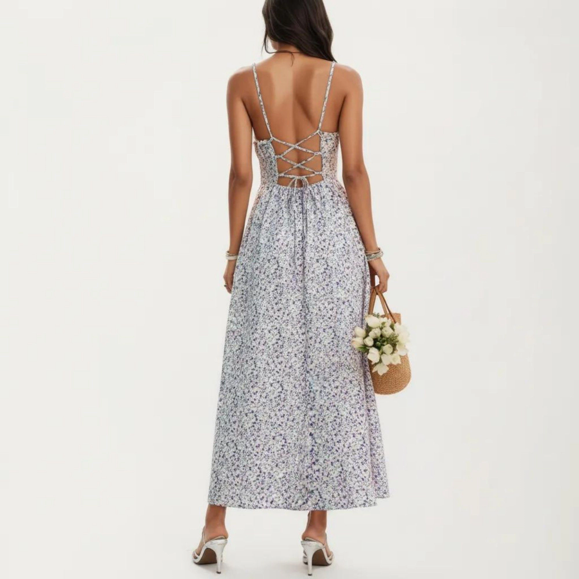 Anna-Kaci Women's Sleeveless Floral Spaghetti Straps Smocked Waist A-Line Maxi Dress