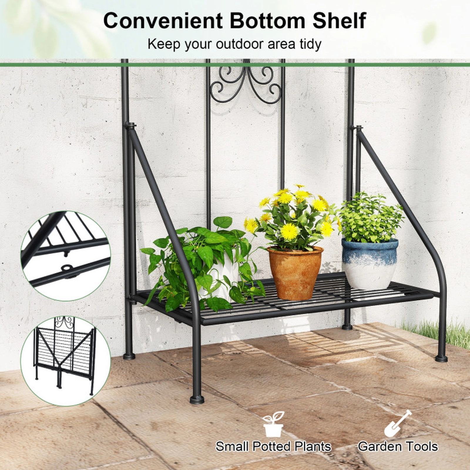 SUGIFT 75 x 20 in Outdoor Metal Garden Trellis with Foldable Bottom Shelf 33-lb Shelf Capacity 9-lb Frame Black