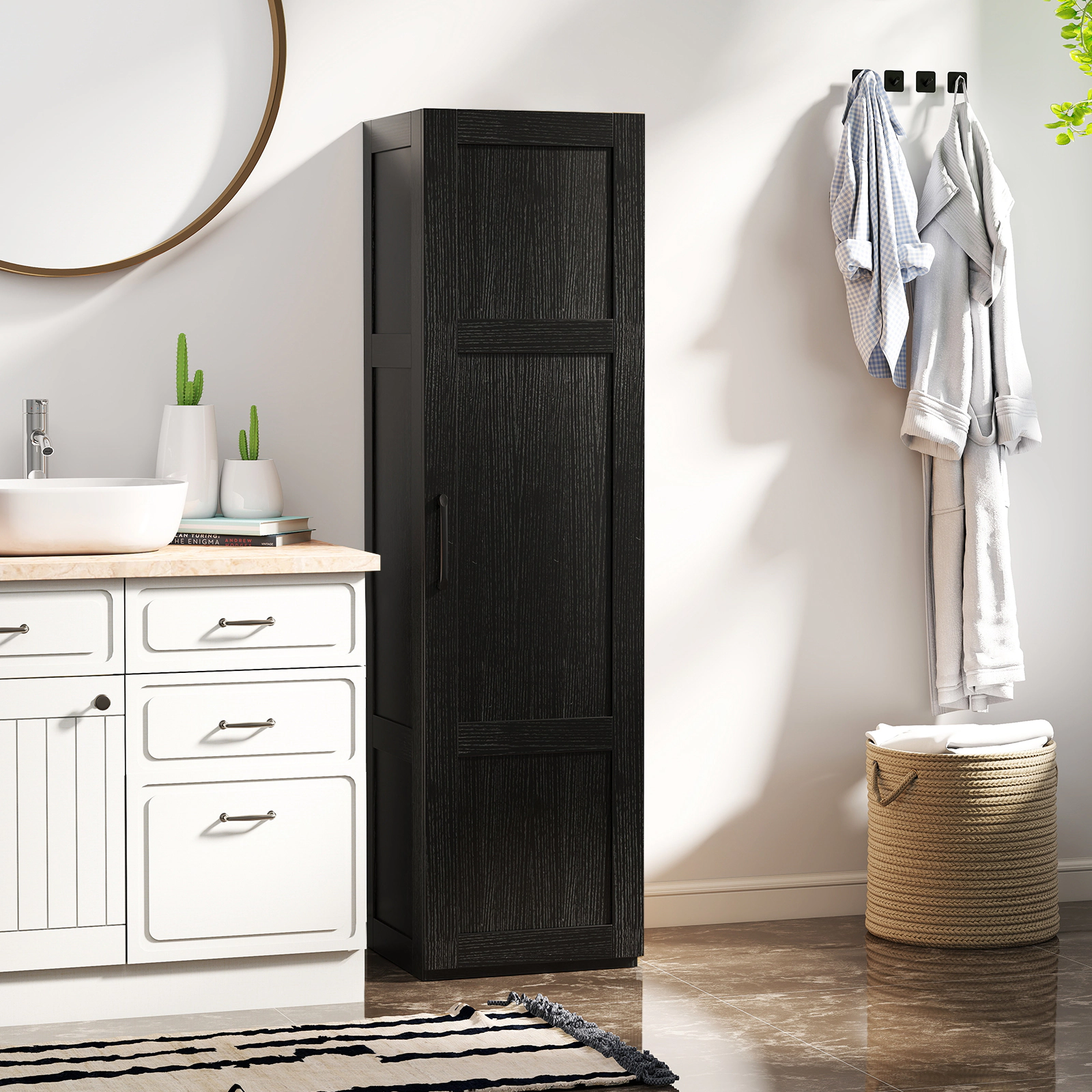 Slickblue Tall Storage Cabinet Black Wood Grain Bathroom Kitchen Organizer Cabinet