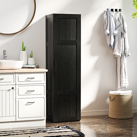 SUGIFT Black 110-lb Capacity 59-in Tall 4-Shelf Narrow Bathroom Storage Cabinet with Soft-Close Hinges