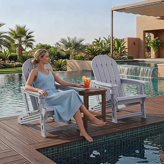 SUGIFT Set of 2 Gray HDPE Adirondack Patio Chairs with Cup Holders, Wood Grain Texture, 330-lb Capacity Each