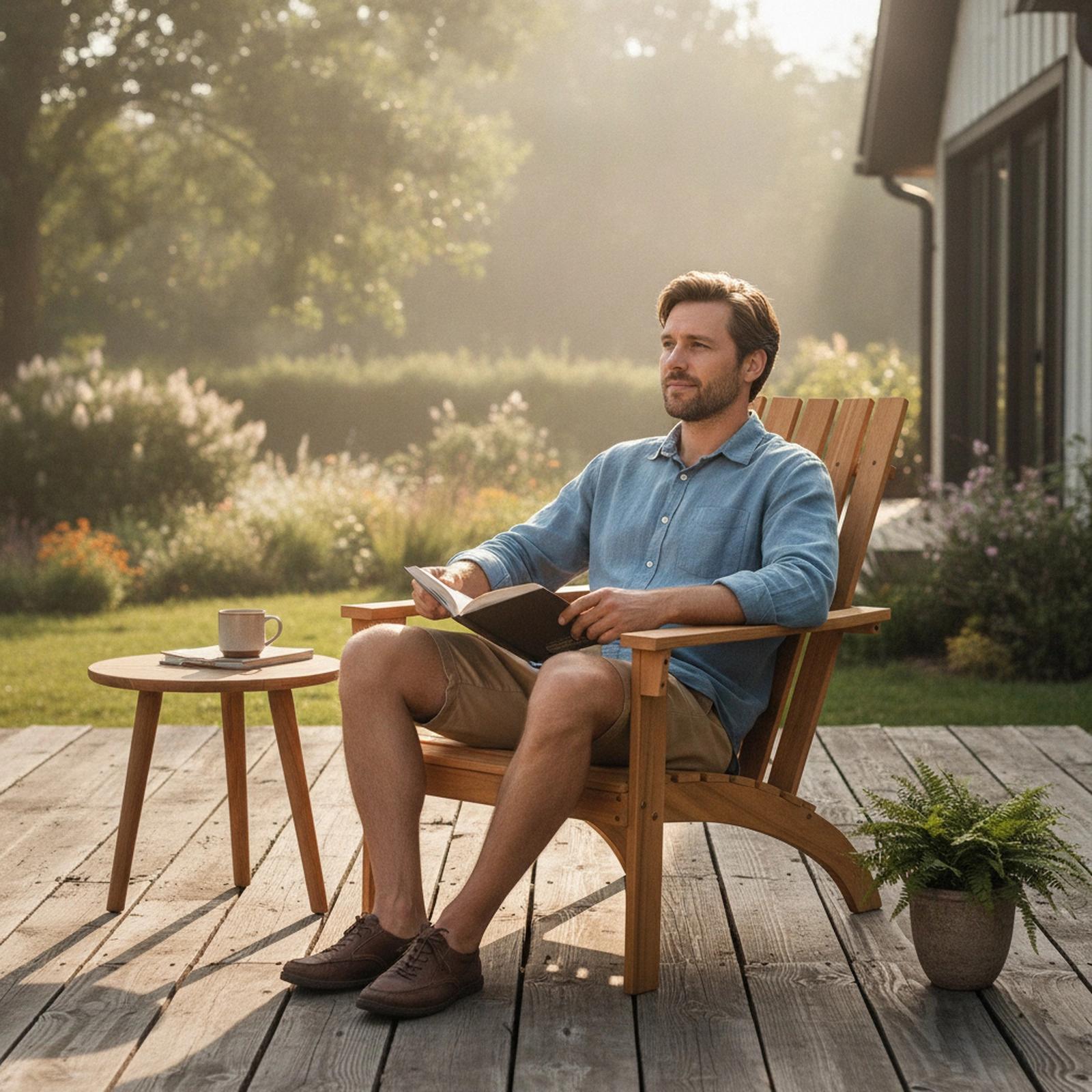 SUGIFT Acacia Wood Adirondack Chair, Ergonomic Backrest, Curved Seat, Wide Arms, 350-lb Capacity