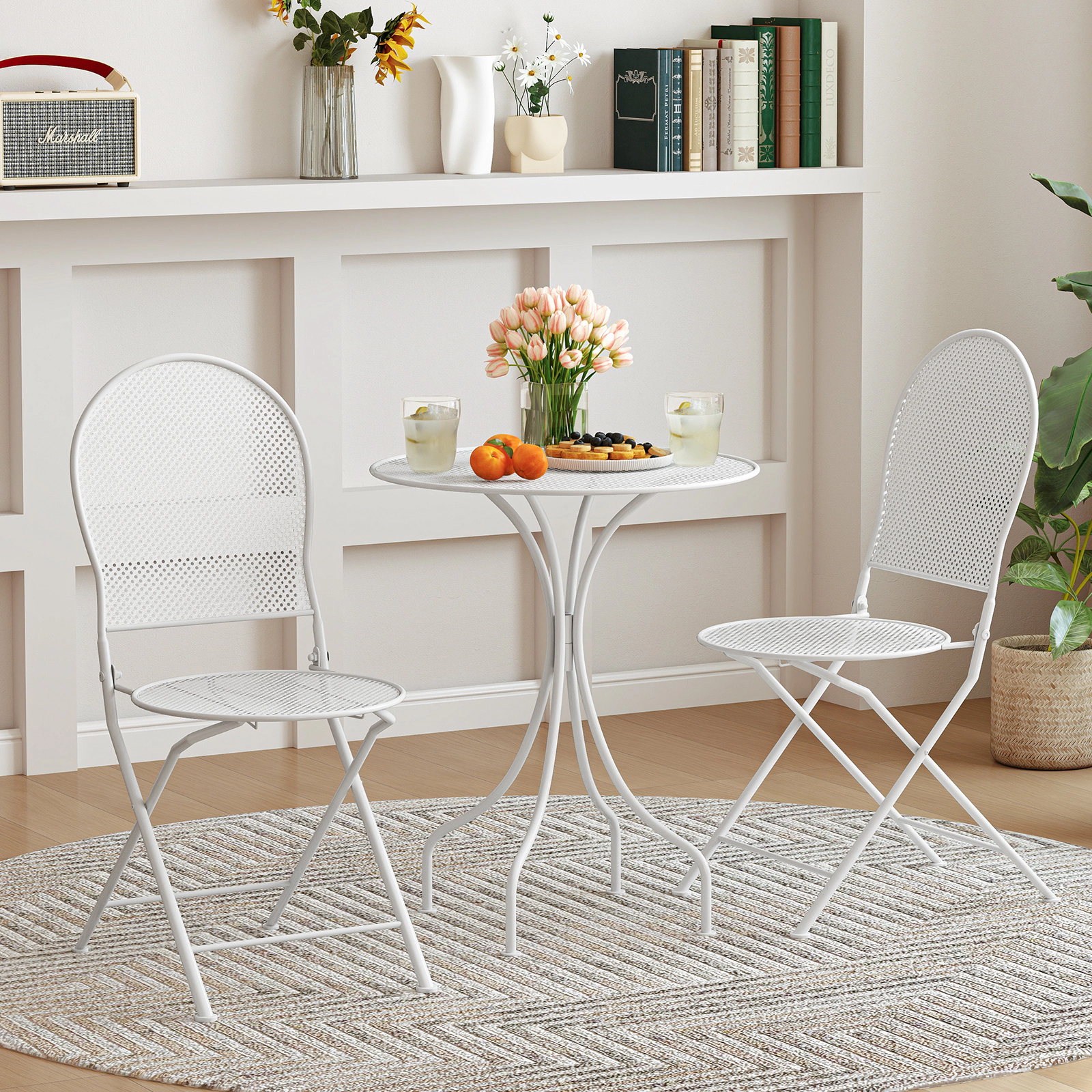 SUGIFT 3-Piece Folding Metal Patio Bistro Set, Round Table and 2 Flat-Folding Chairs
