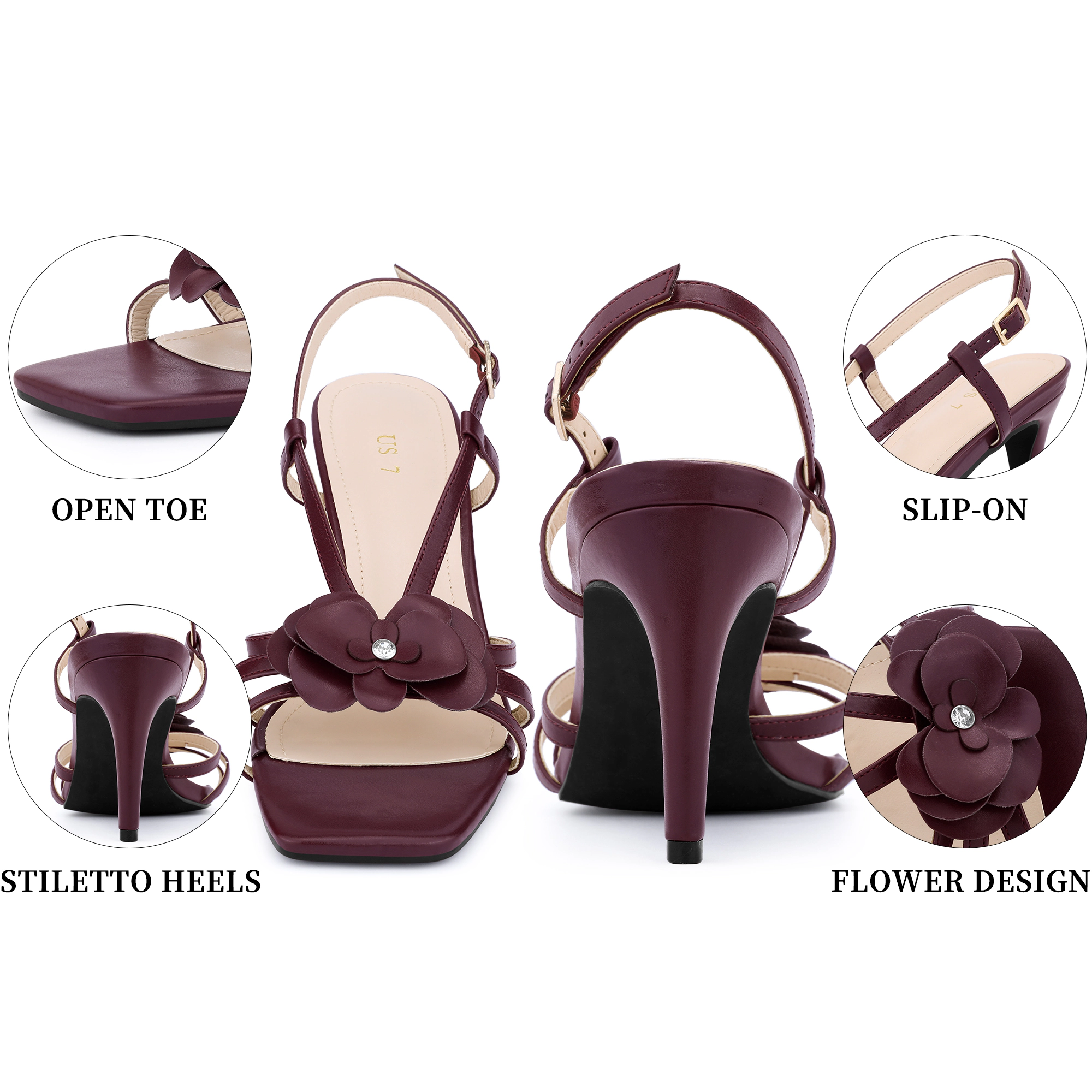 BLISSFUL STEP Women's Floral Strappy Square Toe Stiletto Heeled Slingback Sandals