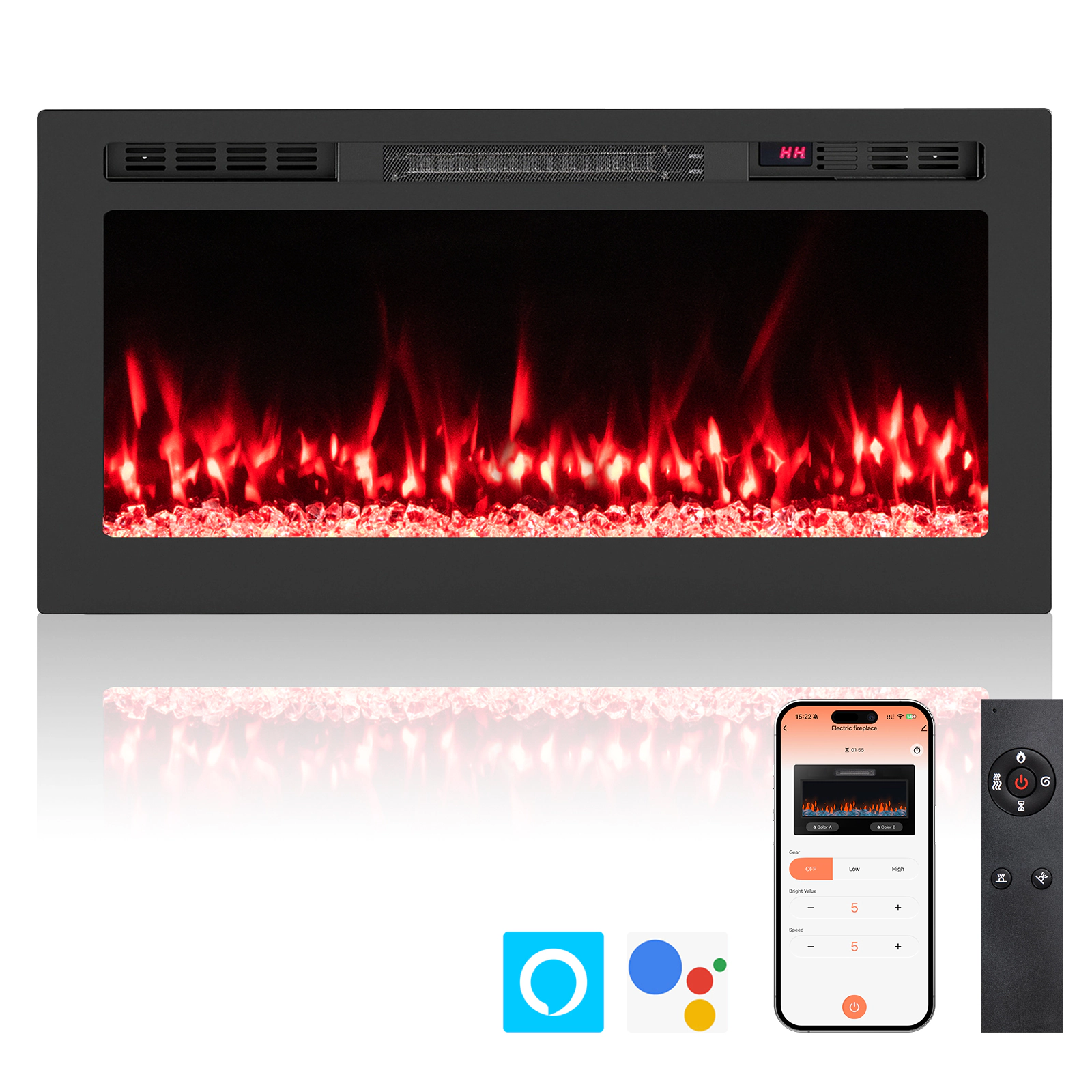 SUGIFT 36-in WiFi App Control 12 Ember Bed Hues Recessed Electric Fireplace 36-in x 3.94-in x 18.11-in 1500W Black