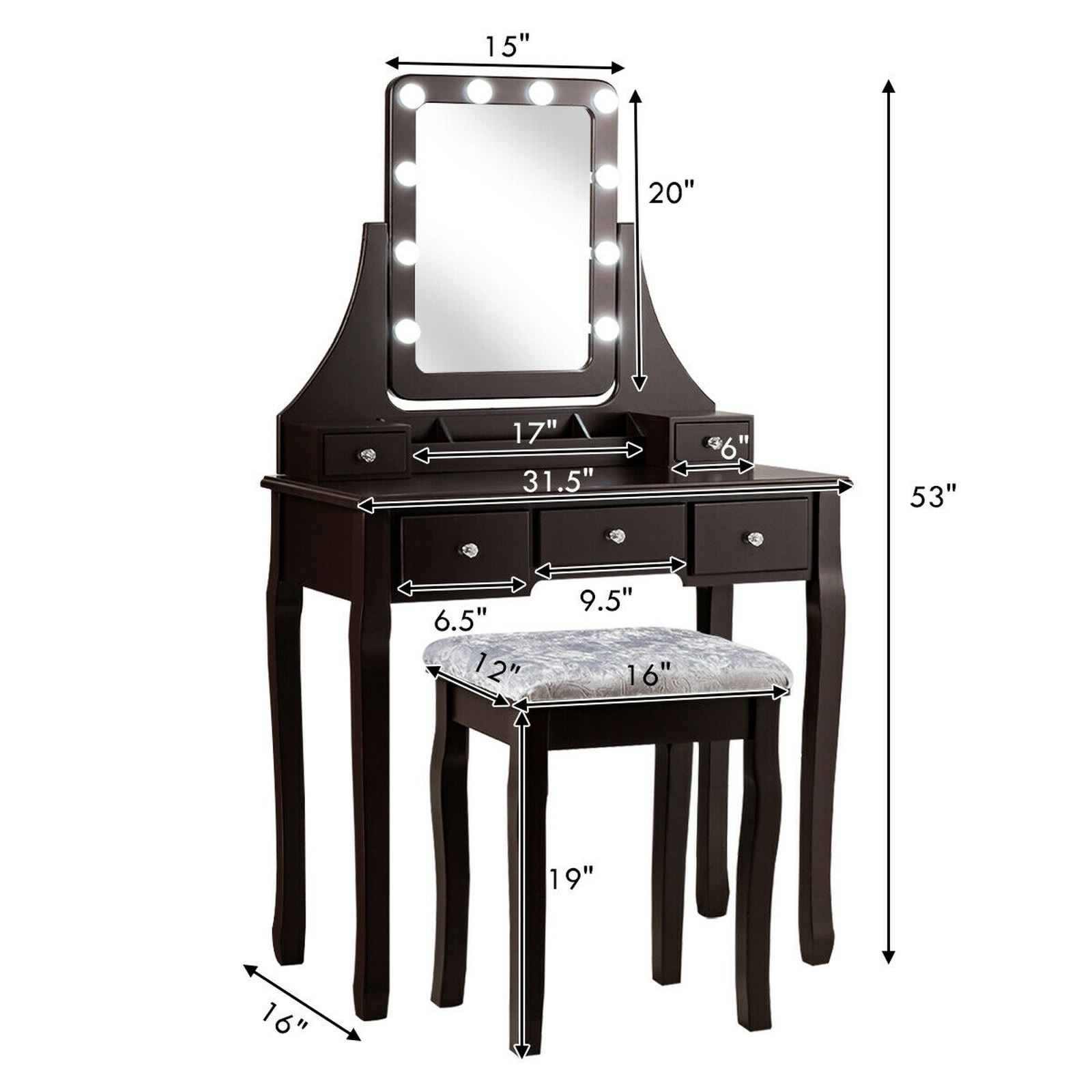 SUGIFT Vanity Dressing Table Set with 10 Dimmable Bulbs and Cushioned Stool 220-Lb Capacity Brown