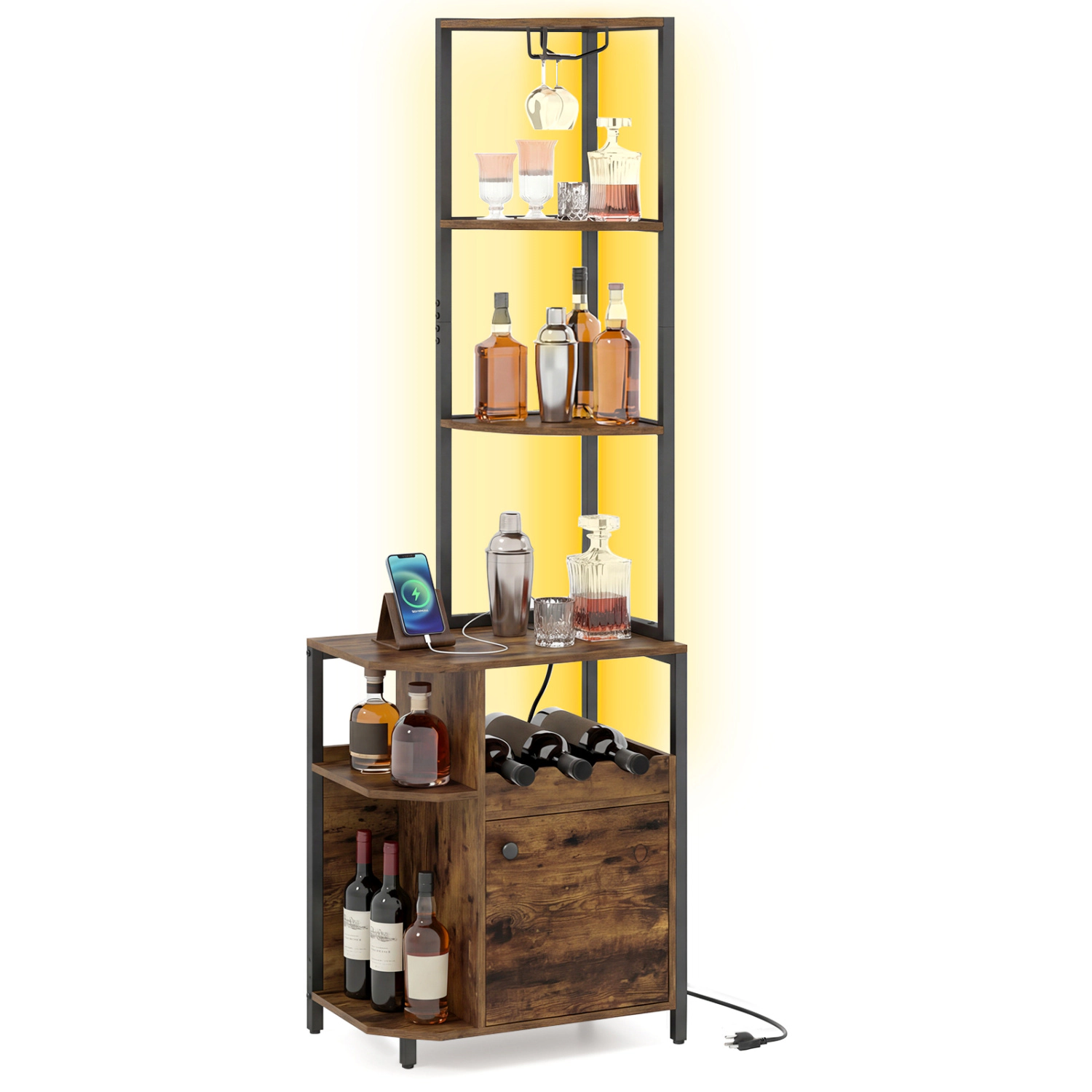 Glintex 61.5-Inch Corner Bar Cabinet with LED Lights and Charging Station, Rustic Brown