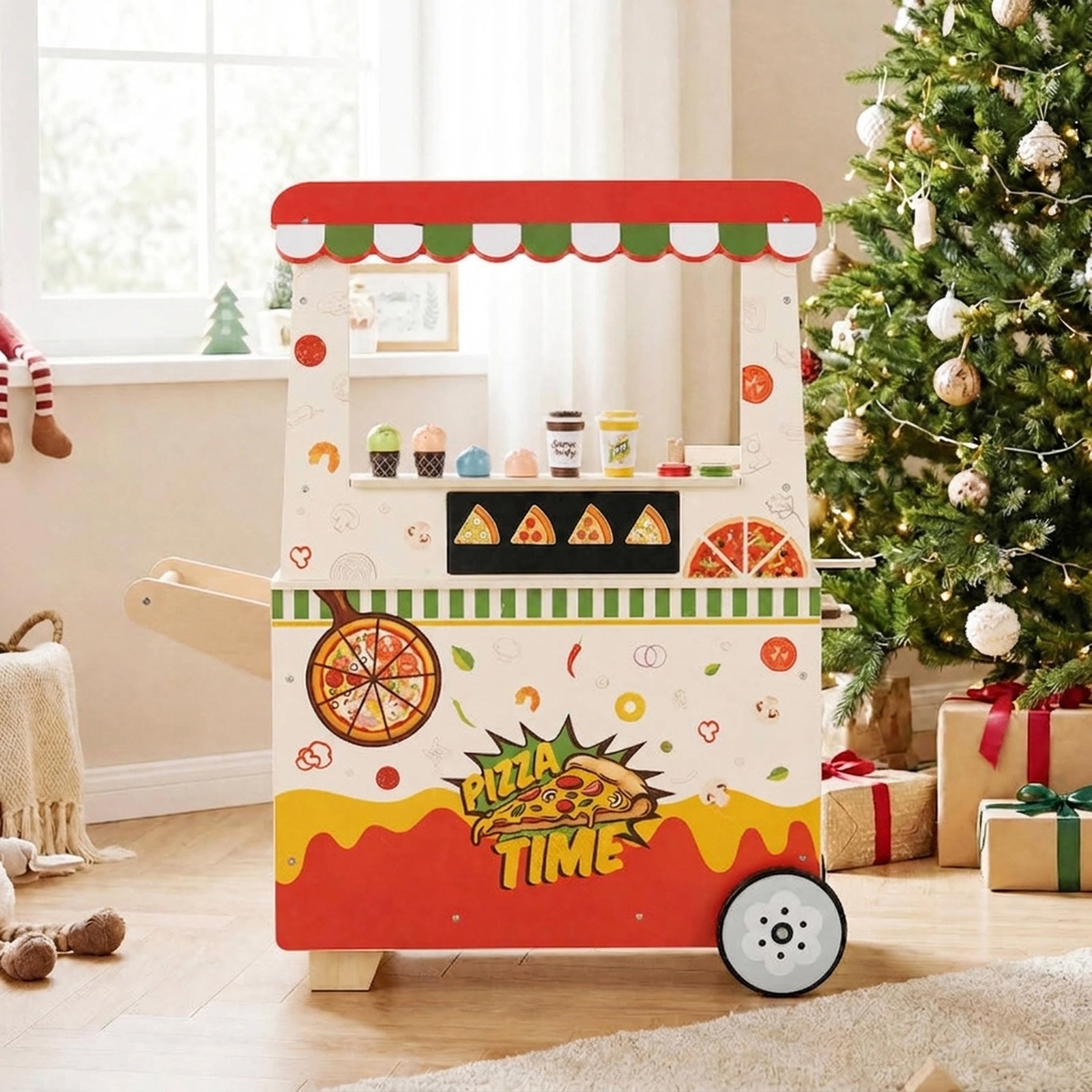 SUGIFT Wooden Pizza Food Truck Pretend Play Snack Cart with Oven Ages 3+ Pink with 40-Piece Accessory Set