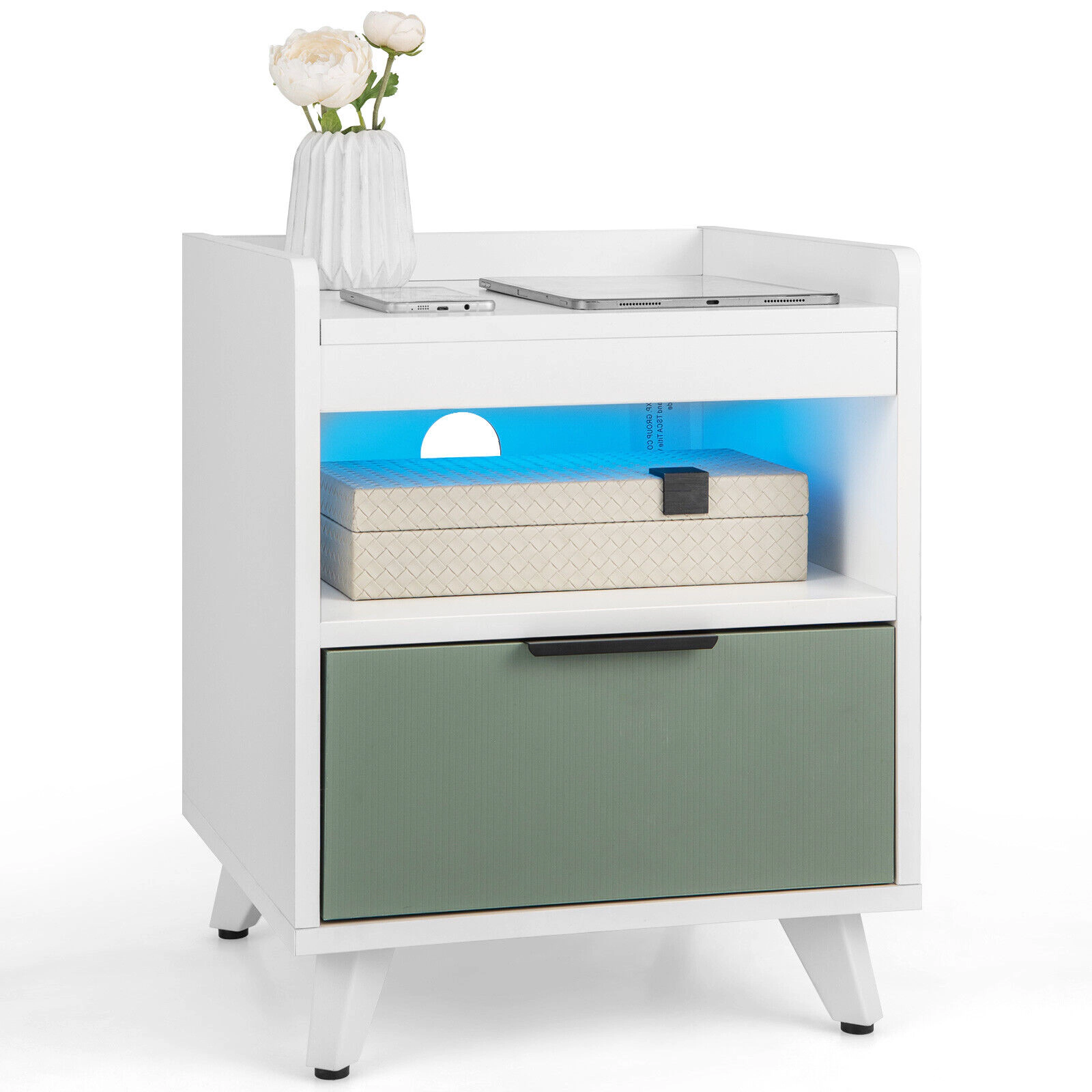Glintex LED Nightstand with Silent Drawer Slides and 50-Ft Remote Range, White