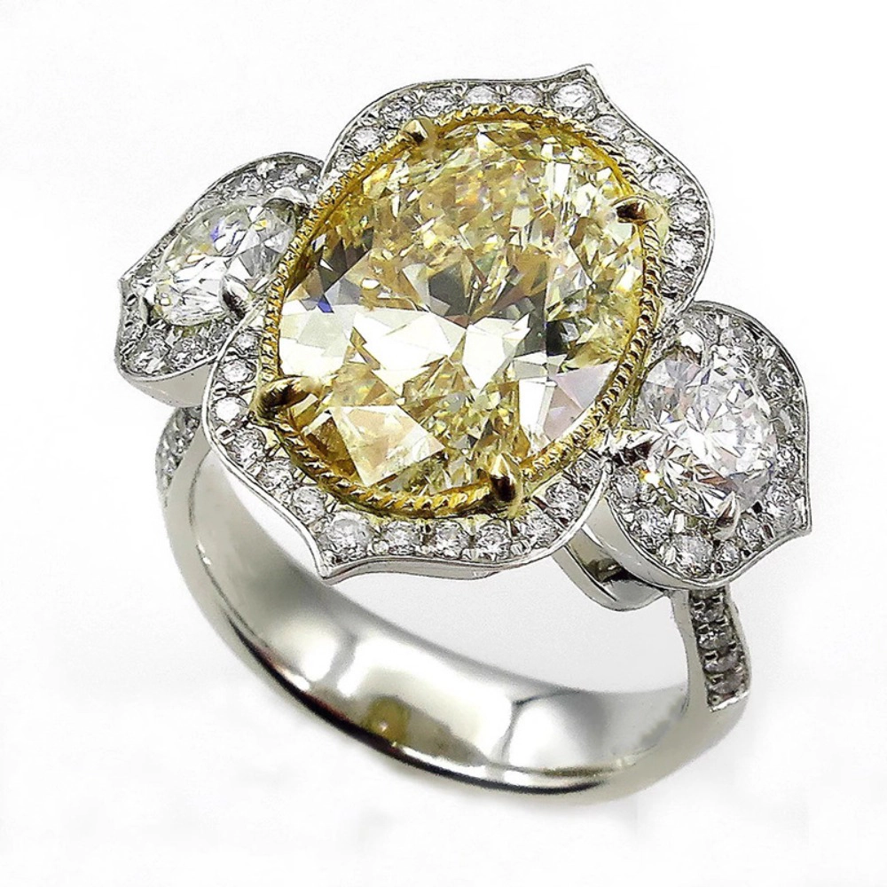 Two‑Tone Oval Yellow Cubic Zirconia Three‑Stone Halo Engagement Ring Vintage Floral Statement Ring