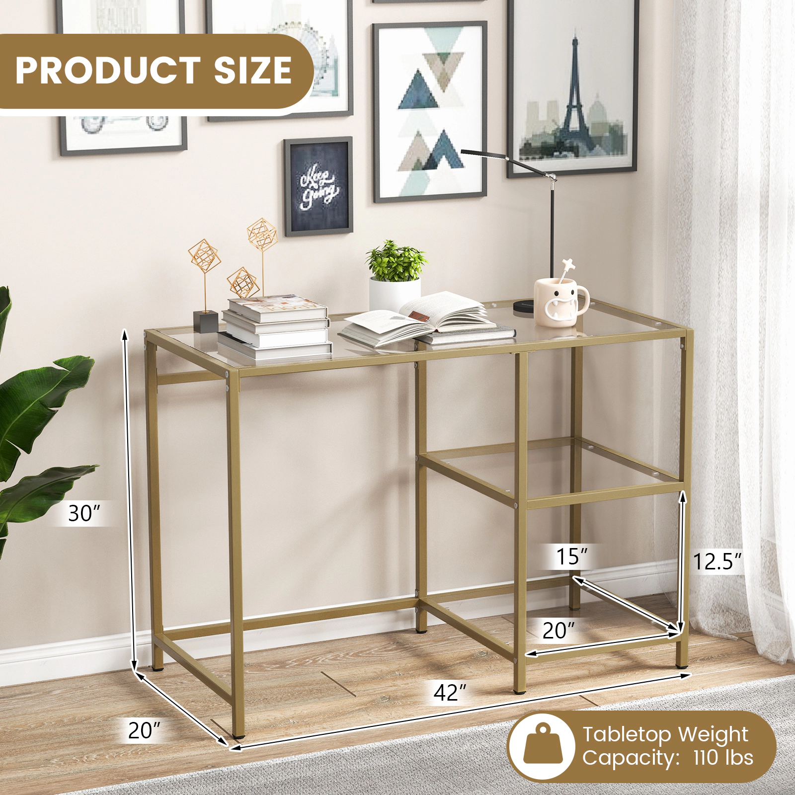 SUGIFT Tempered Glass Metal Frame 2 Open Shelves Adjustable Feet Console Table In Golden