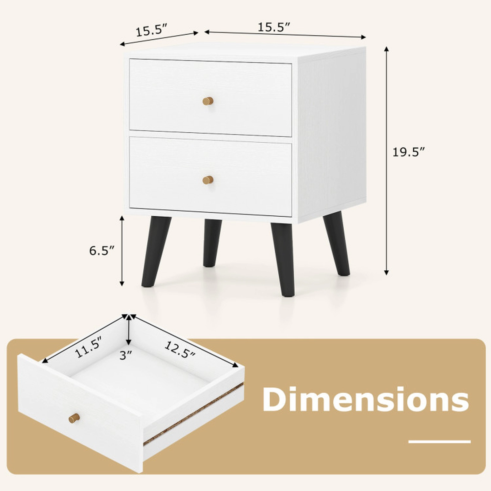 SUGIFT Mid Century Modern Nightstand 2 Drawers Golden Handles & Raised Legs 66-lb Tabletop Capacity White