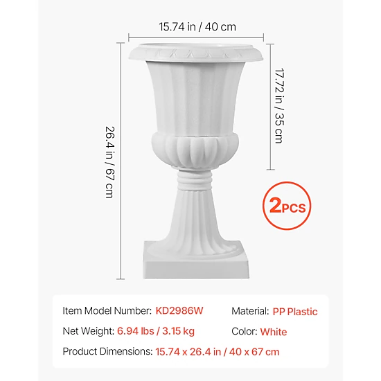 HONGGE Plastic Urn Planters 2 Pack Classic Flower Pots Front Porch Planters Indoor & Outdoor Vase for Wedding Party