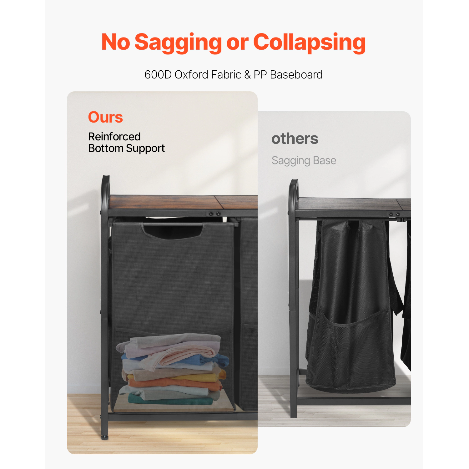 HONGGE 2-Section Laundry Sorter Hamper with Wood Tabletop, Metal Frame & Pull-Out 600D Oxford Fabric Bags
