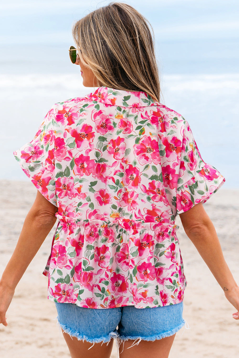 Threaded Pear Women's Zoya Floral Ruffled Short Sleeve Blouse