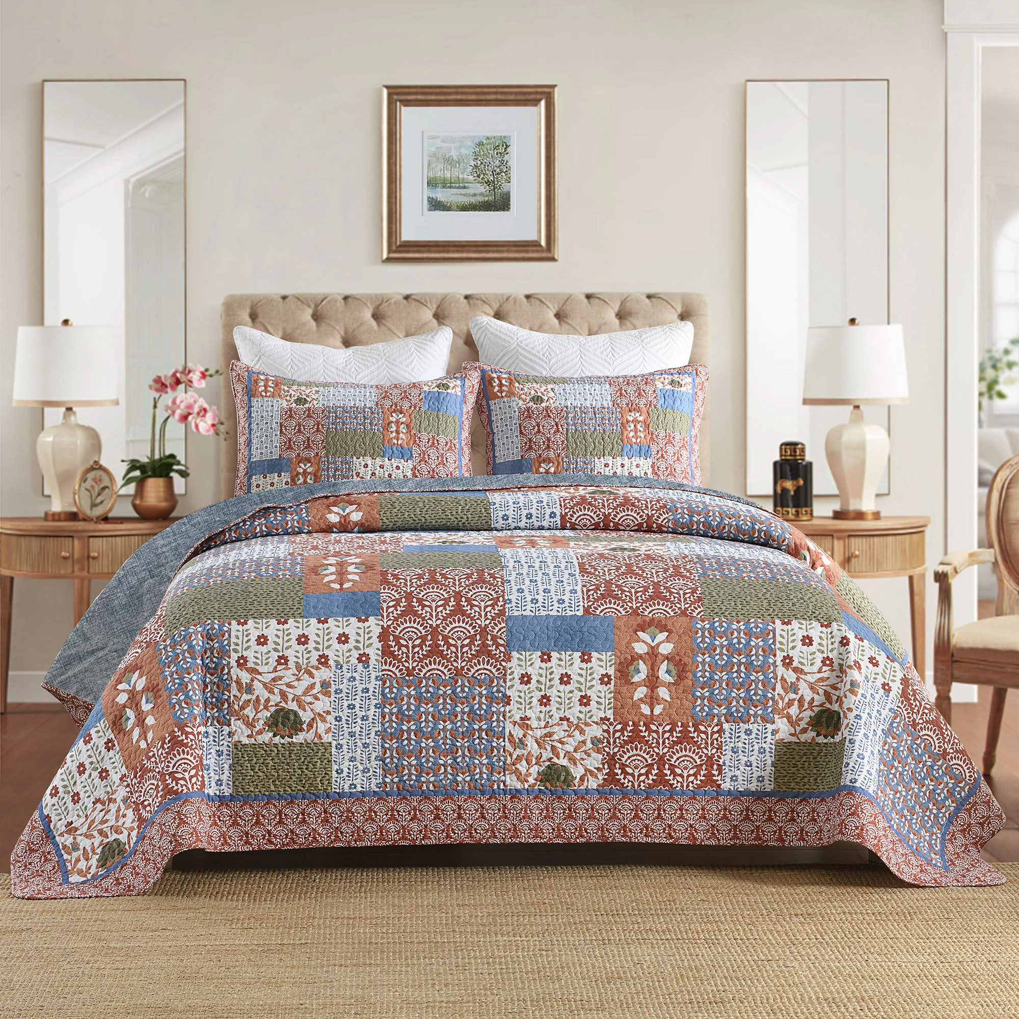 MarCielo 3 Piece Vintage Floral Printed Quilt Bedspread Set