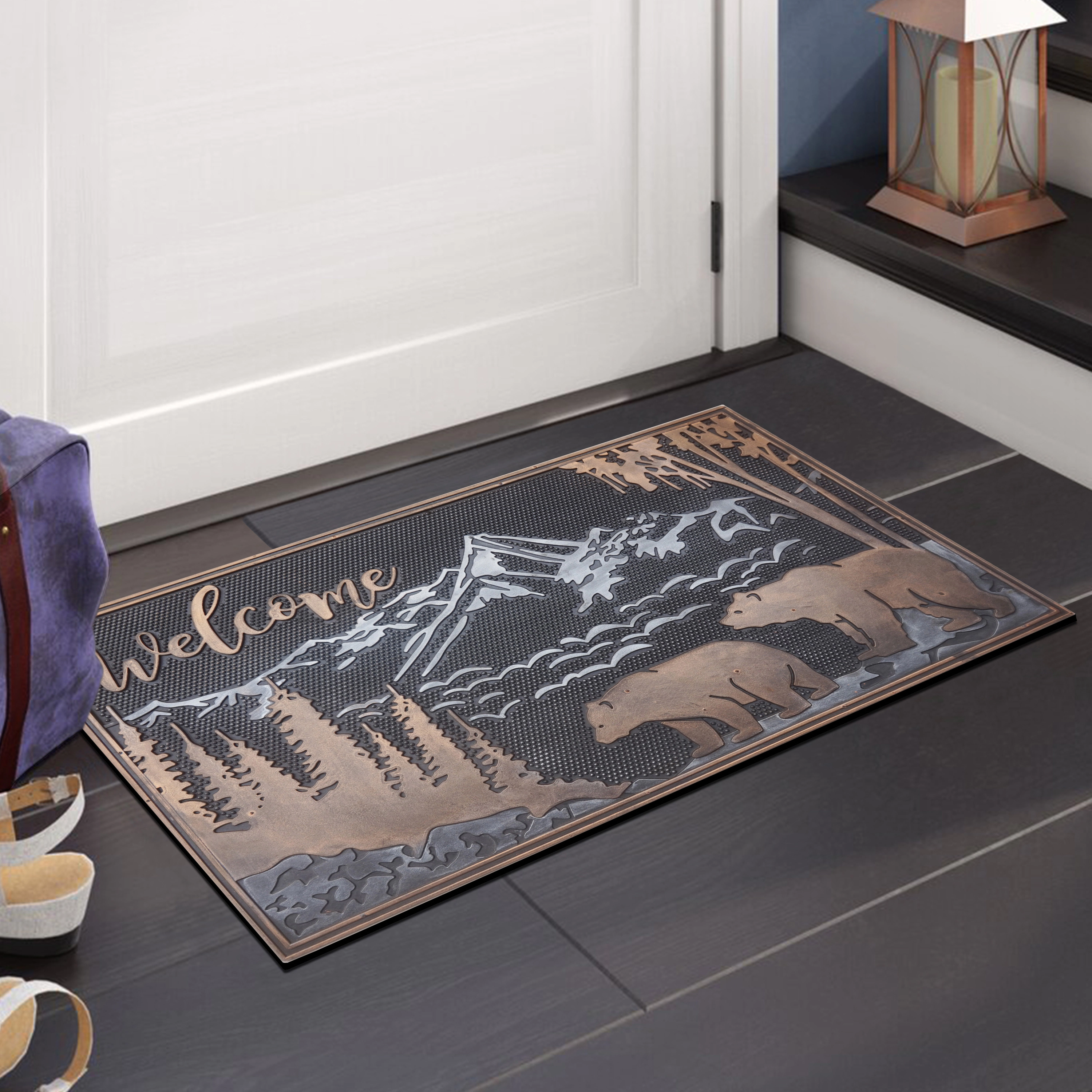 A1 Home Collections Forest Bear Bronze Rubber Welcome Doormat Non-Slip Indoor Outdoor Entry Mat 18 x 30 In
