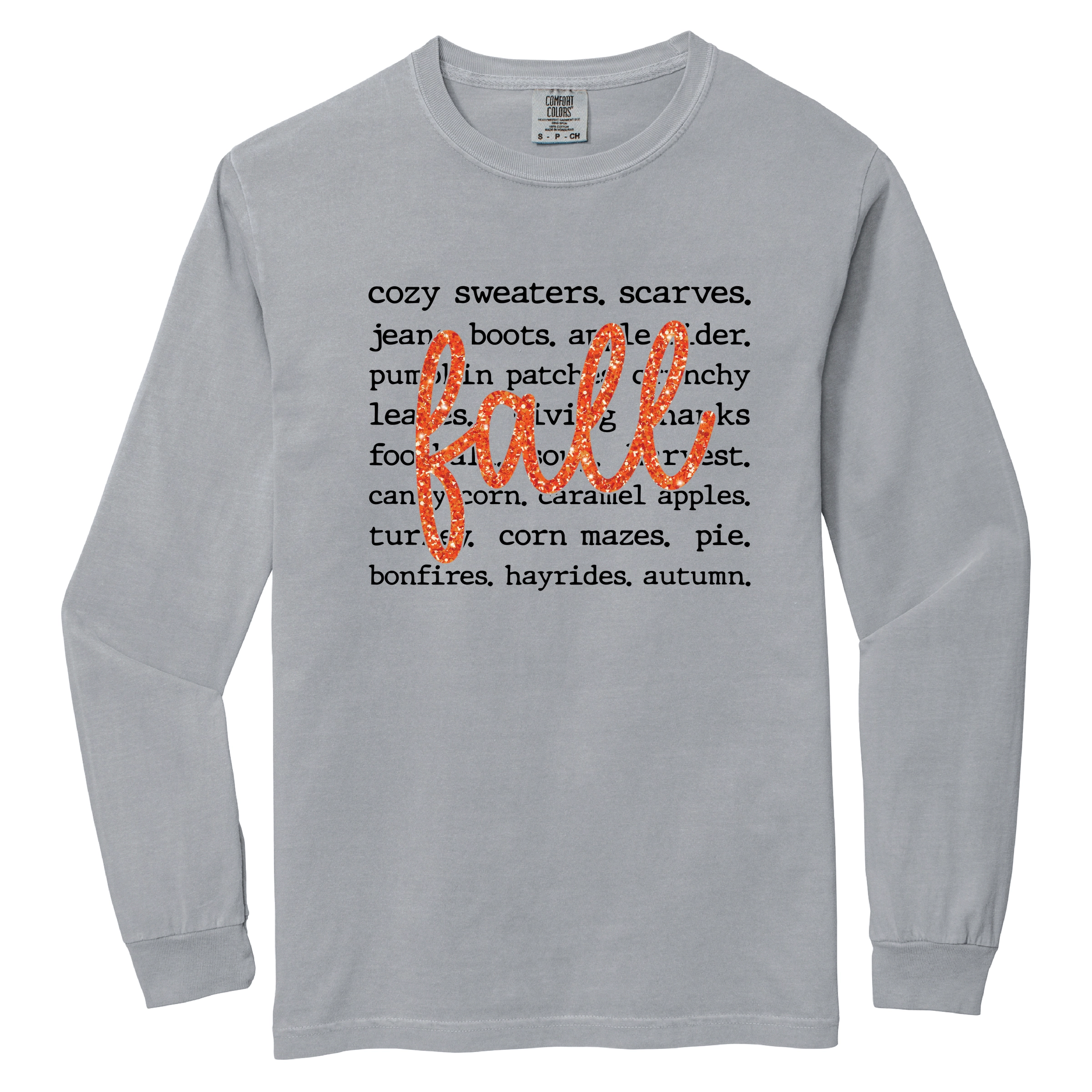 Simply Sage Market - Women's Garment Dyed Long Sleeve Graphic T-Shirt Fall Cursive Text Glitter