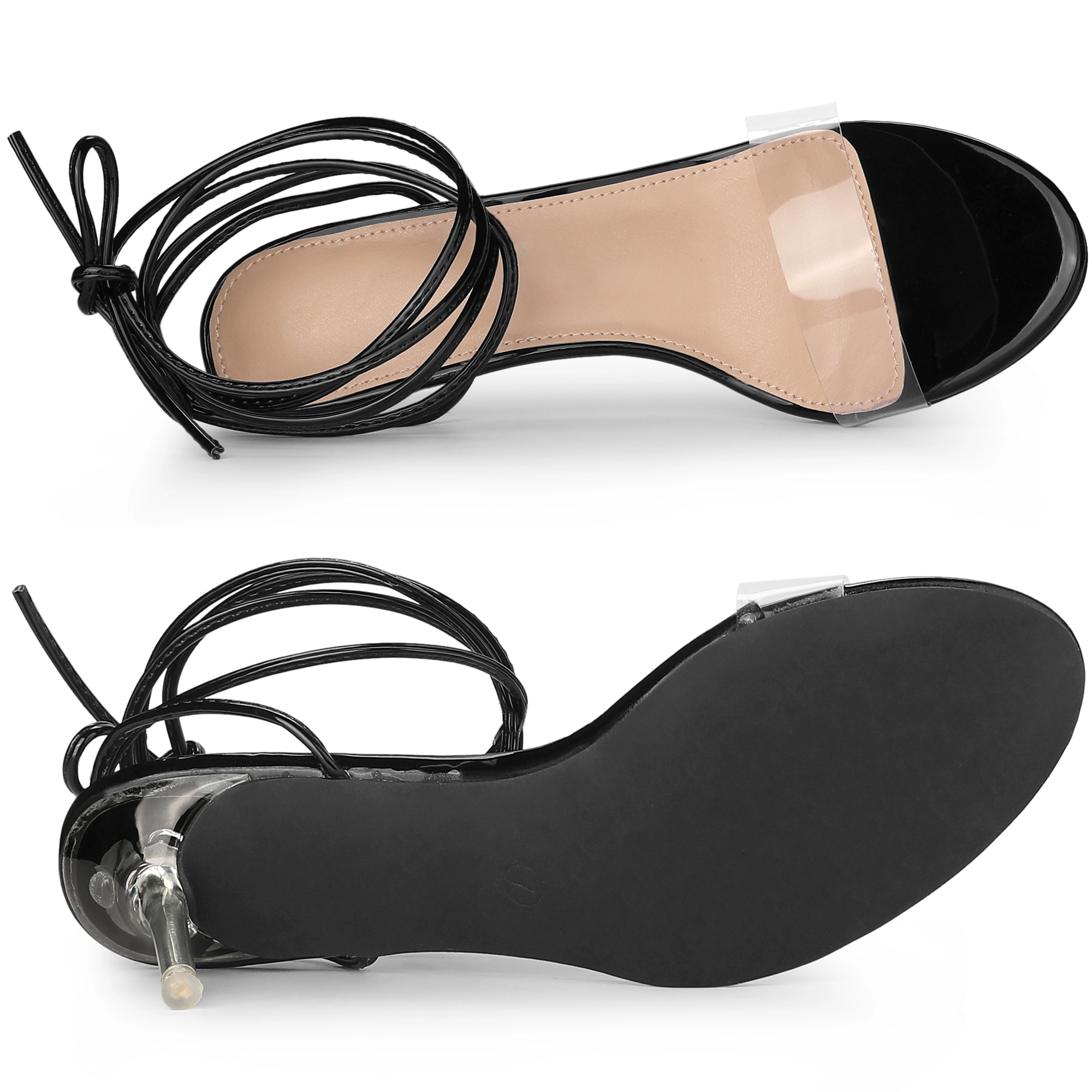 BLISSFUL STEP Women's Clear Strap Lace Up Stiletto Heel Sandals