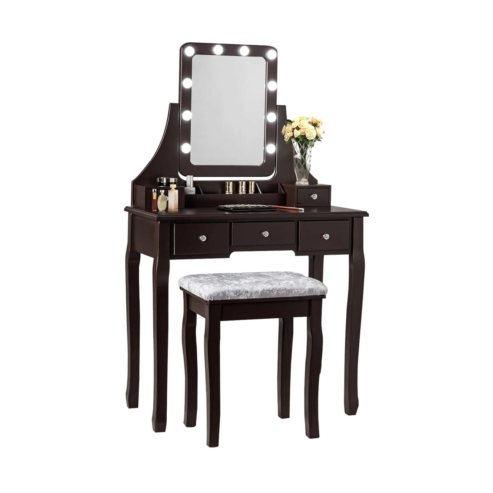 SUGIFT Vanity Dressing Table Set with 10 Dimmable Bulbs and Cushioned Stool 220-Lb Capacity Brown