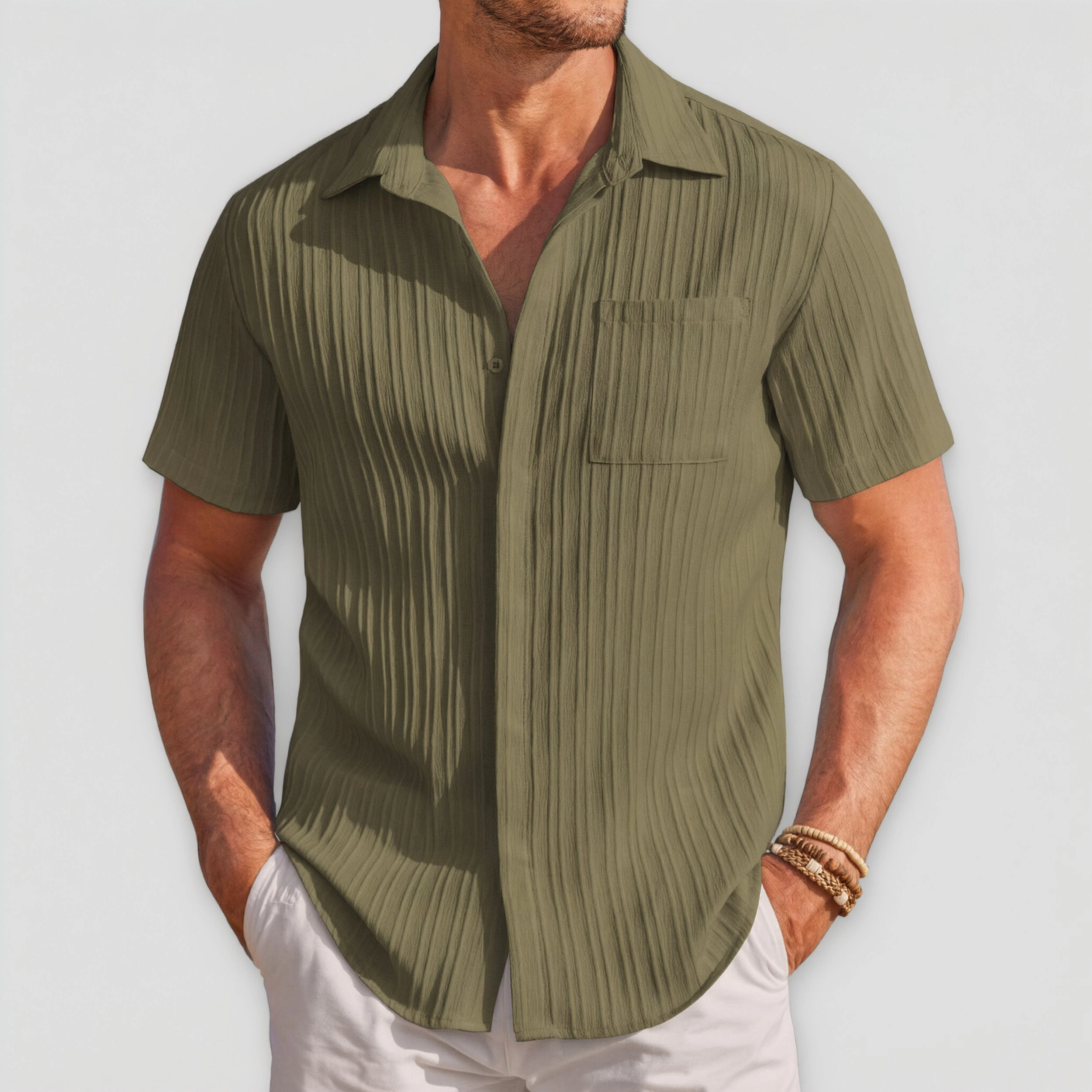 COOFANDY Mens Short Sleeve Button Down Shirts  V Neck Pleated Casual Tops