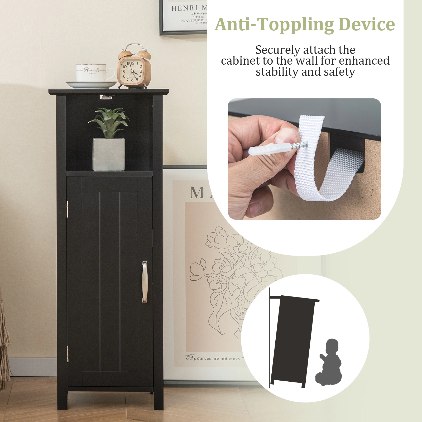 SUGIFT Black 66-lb Top Capacity 12-in Square 2-Tier Bathroom Storage Cabinet with Open Compartment and 4 Solid Legs