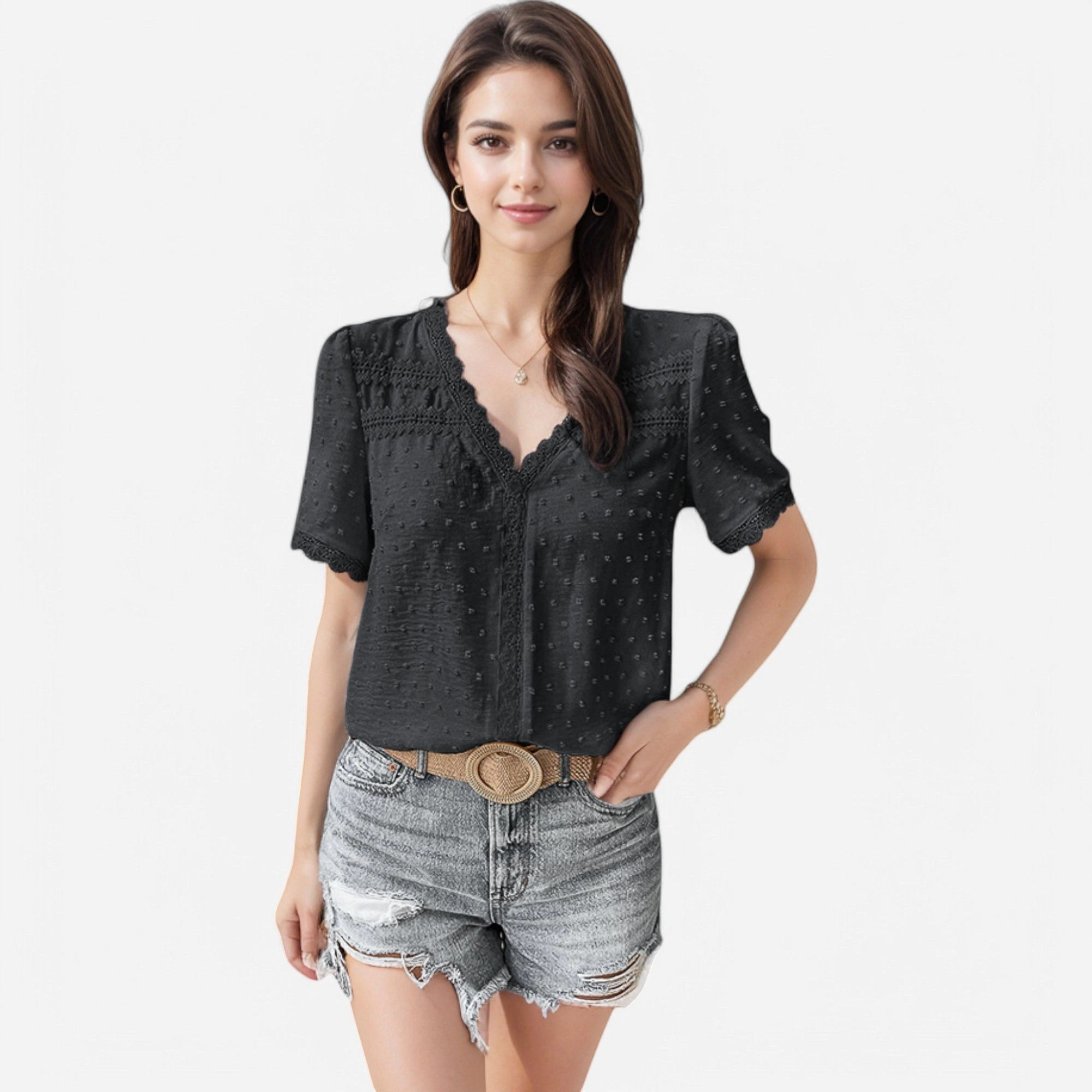 Anna-Kaci Lace Trim V-Neck Short Sleeve Polyester Blouse