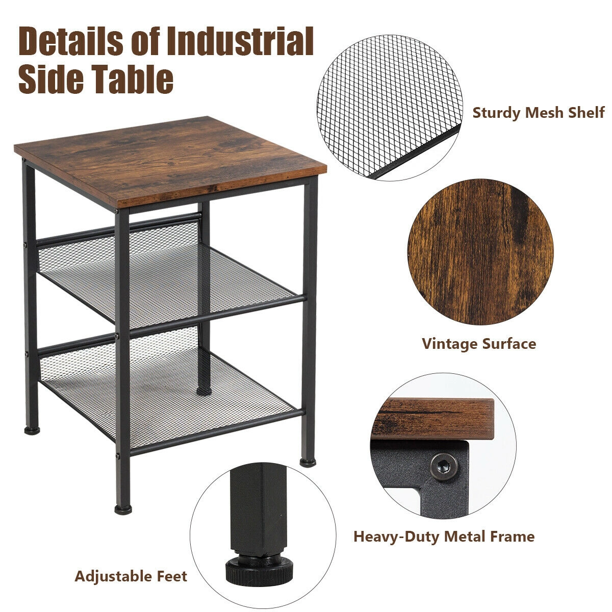 Glintex 3-Tier Industrial Side Table with Tiltable Mesh Shelves and Steel Frame, Rustic Brown