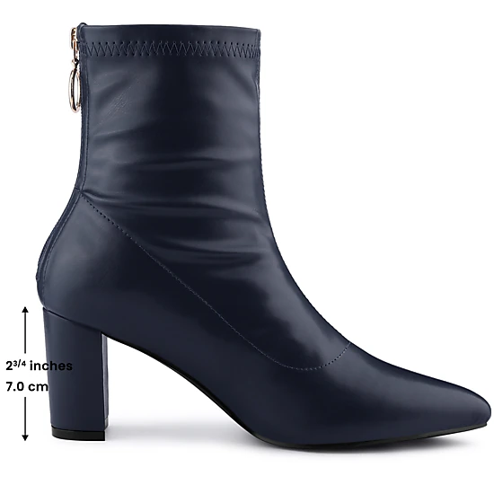 BLISSFUL STEP Women Pointy Toe Back Zip Chunky Heel Ankle Boots