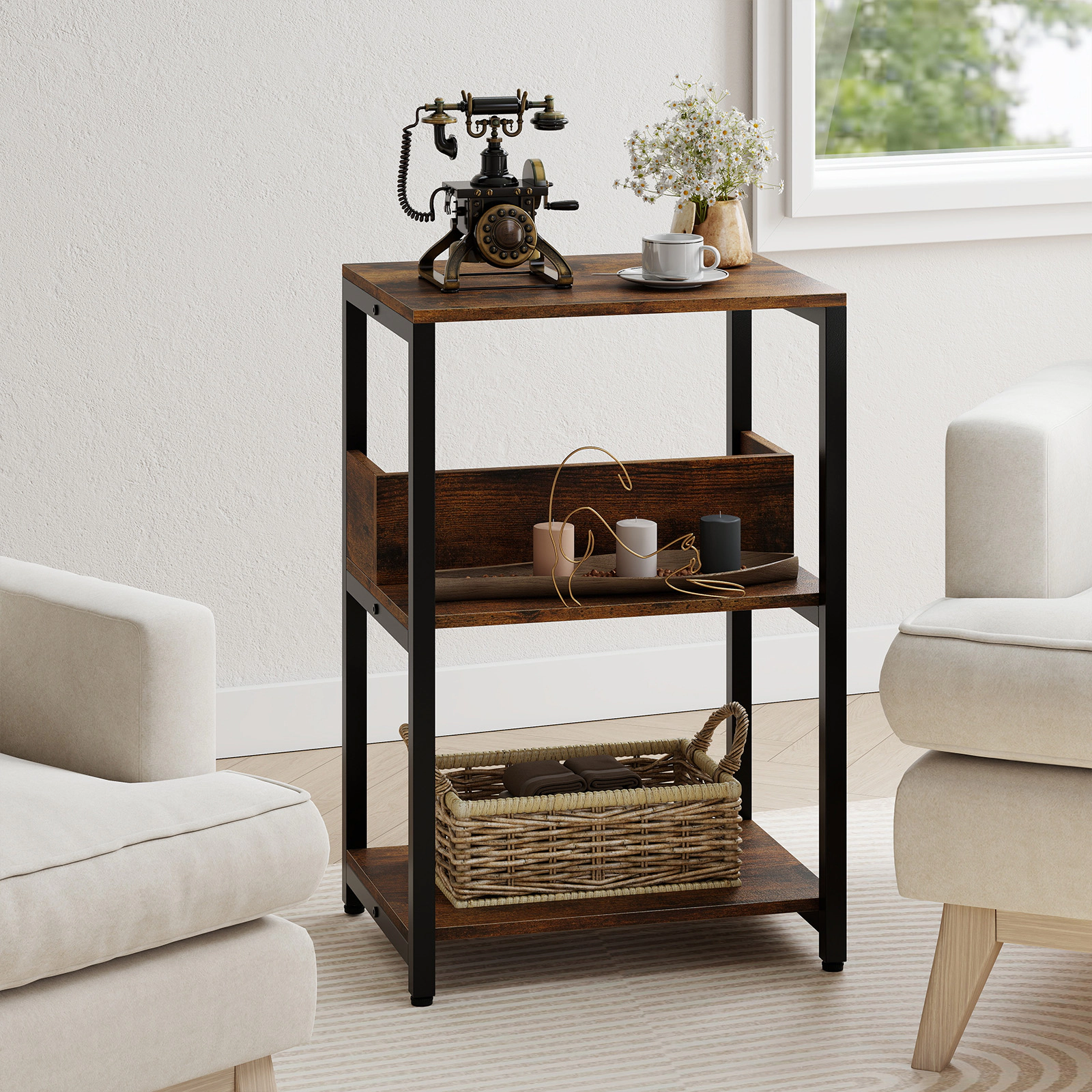 Slickblue Rustic Brown End Table with Hidden Charging Station & 3 Storage Shelves