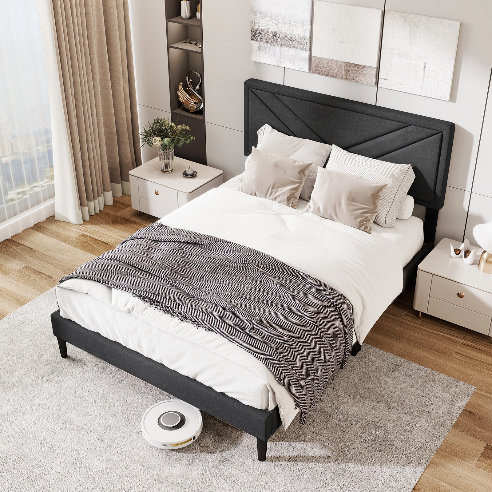 LJG Upholstered Platform Bed with Tufted Headboard and